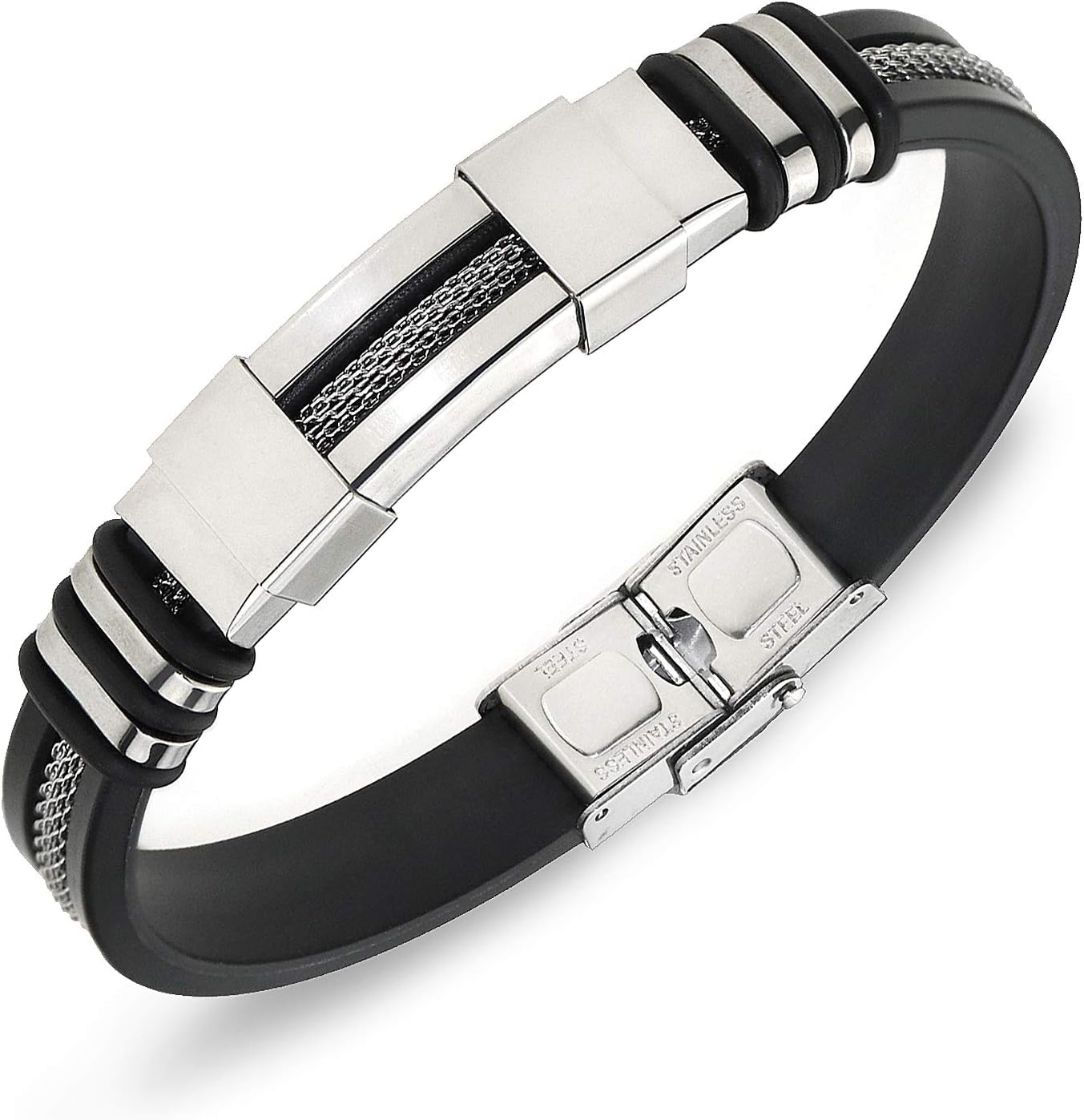 Men's Adjustable Bracelet Silicone Wrap Bracelet Stainless Steel Cuff Bracelet