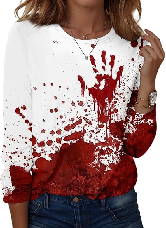 Halloween Shirts for Women Long Sleeve Plus Size Fashion Crewneck Comfortable Tshirts Halloween Costumes for Women
