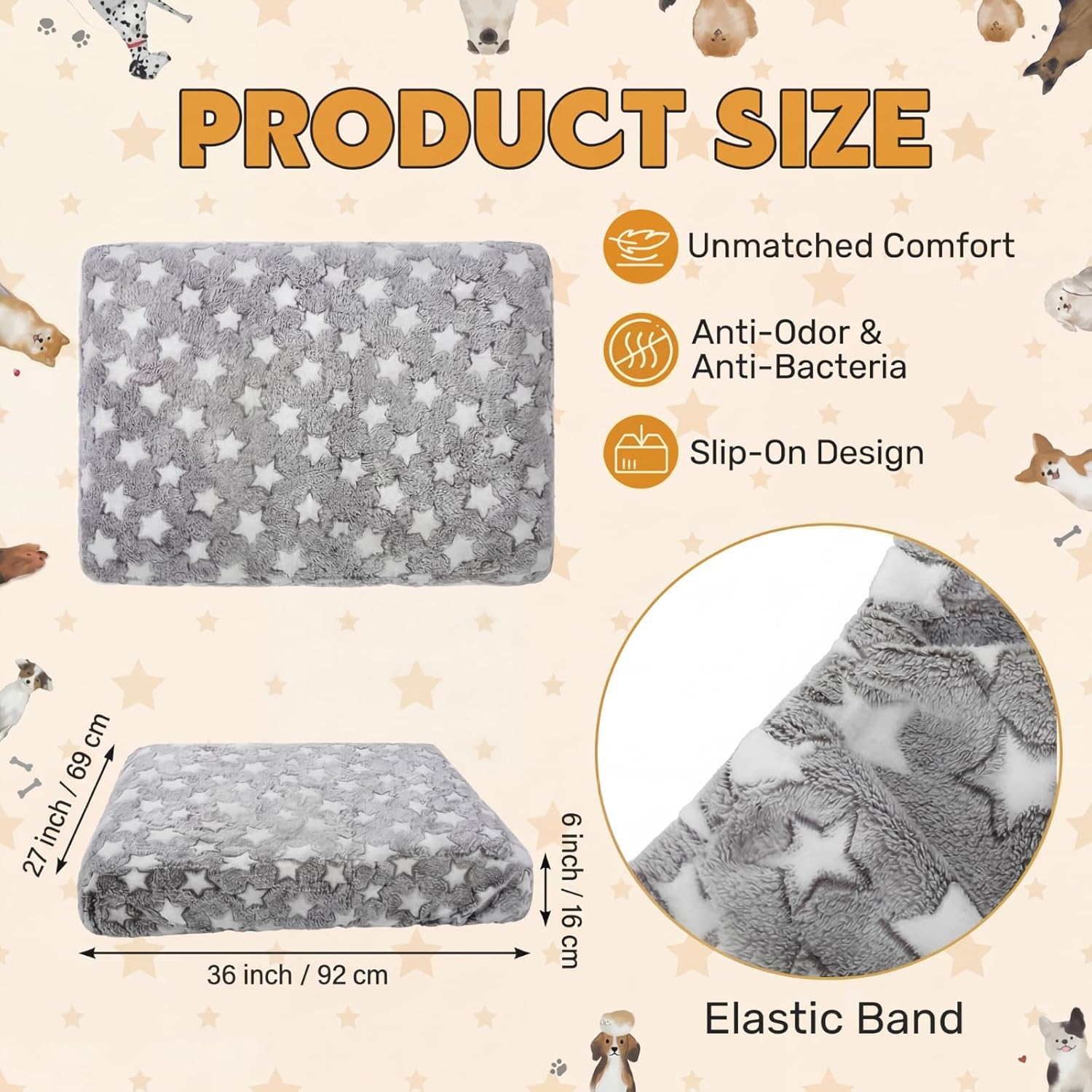 Youyole Large Washable Dog Bed Cover Replacement Waterproof Rectangle Bed Cover for Dog Gray Pet Beds Protector Sheet with Lovely Star Print for Donut Beds & Pet Couch, 36 x 27 x 6 inch