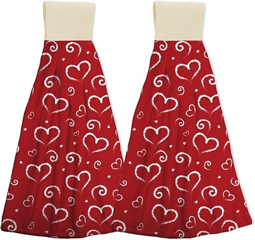 Red Retro Heart Fast Drying Kitchen Hand Towels with Hanging Loop, Soft Kitchen Decor Hand Towel with Hook Loop Absorbent Coral Fleece Dish Cloth