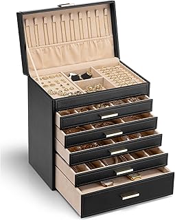 VLANDO Modern Schmuckkästchen Groß,Schmuckaufbewahrung mit 6 Ebenen,Schmuckschatulle Damen, für Ohrringe, Ringe Schmuck Aufbewahrung, mit Schubladen, Spiegel, Uhrenkissen, Geschenk für frauen