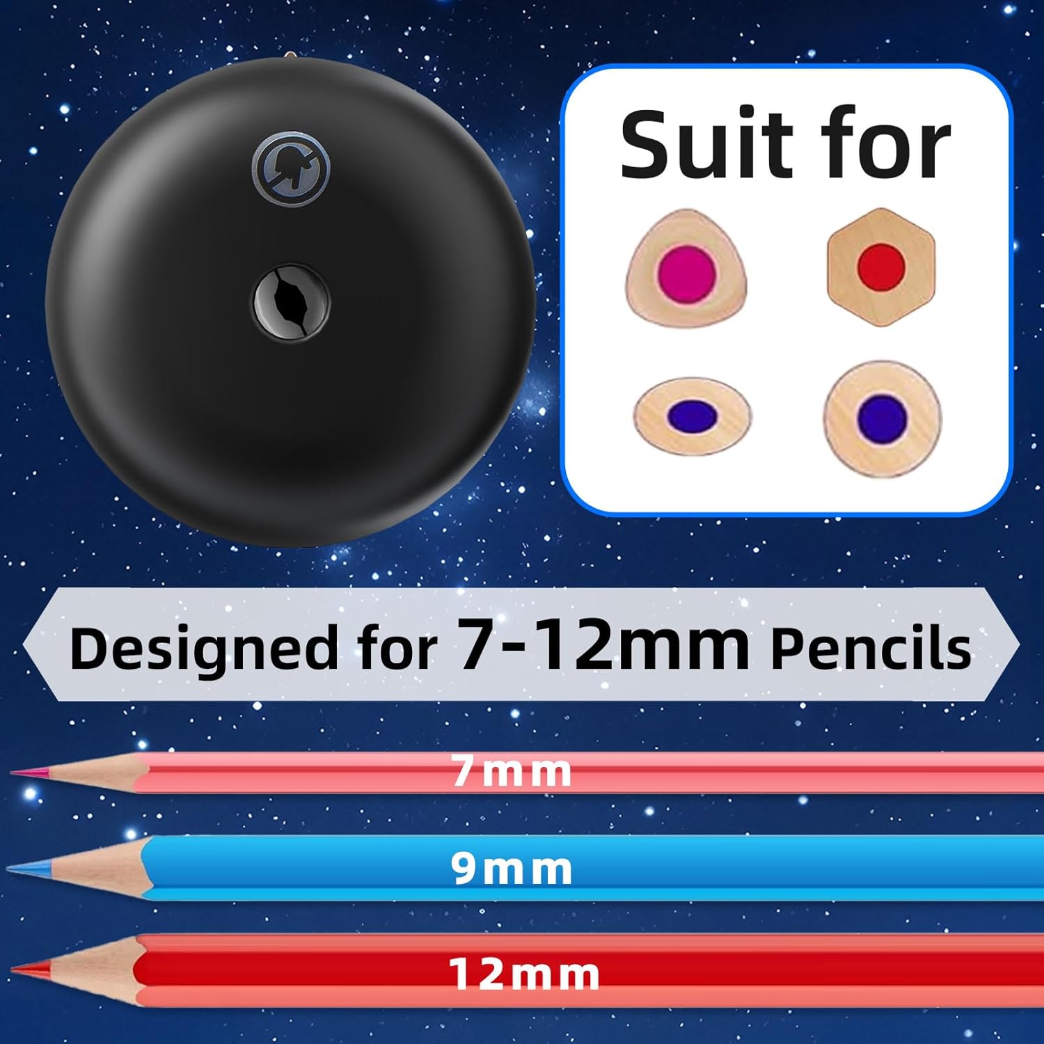 tenwin Fully Automatic Electric Pencil Sharpener for 7-12mm Pencils, Auto in&Eject, 3 Selectable Adjustable Pencil Nibs with Breathing Light (Black)