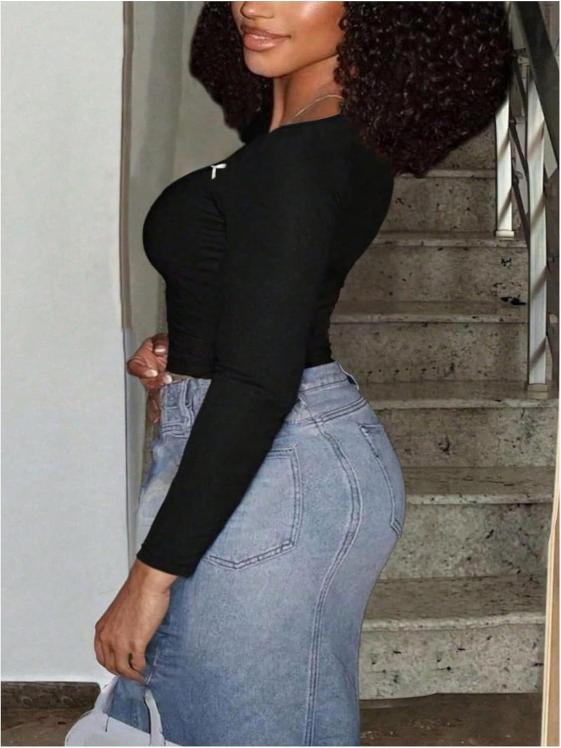 SOLY HUX Women's Plus Size T Shirt Bow Front Square Neck Long Sleeve Ruched Tee Going Out Y2k Crop Tops - Image 2