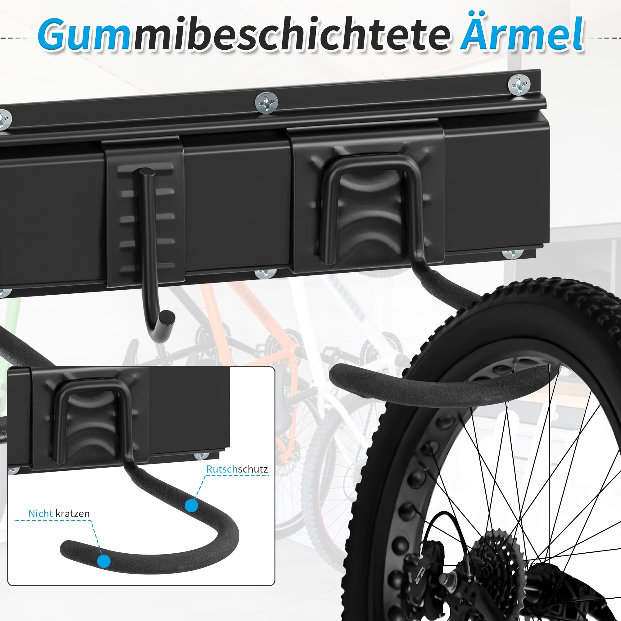 Fahrrad Wandhalterung, für 6 Fahrräder und 3 Helme Fahrrad Haken,Schwarz | Wand Fahrradhalter für Garage und Zuhause,Fahrradständer Wandmontage mit Werkzeugaufbewahrungshaken,Geeignet für Kleine Räume