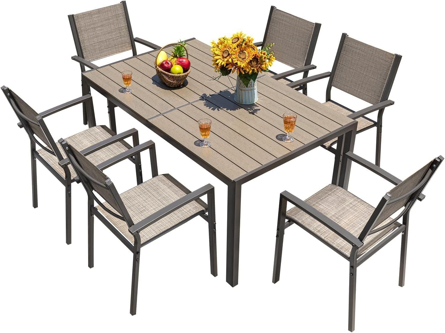 7 Pieces Patio Outdoor Furniture Set with Large Dining Table and 6 Chairs Patio Conversation Sets for Backyard Porch Balcony Poolside Garden(Brown)