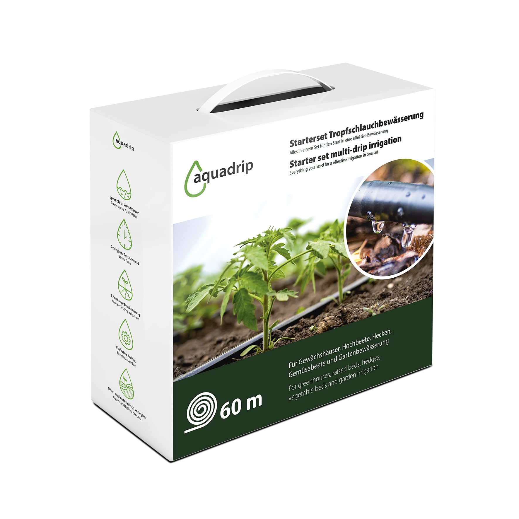 EraGreen Bewässeungsset Aquadrip - 60m Tropfschlauch mit Druckkompensation - effektive Bewässerung für Gewächshaus, Hochbeet, Hecken, Gemüsebeet und Gartenbewässerung