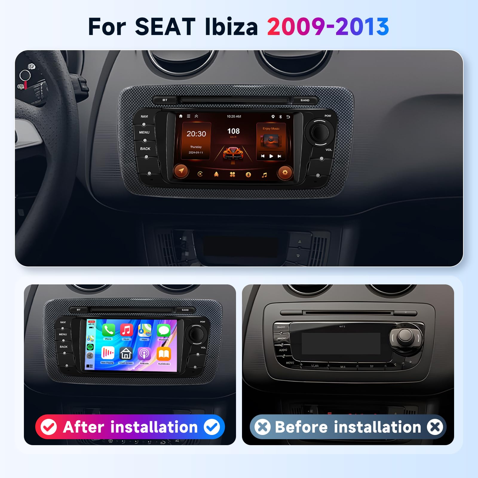 2GB+64GB Android Autoradio pour Seat Ibiza 2009-2013 avec sans Fil Carplay Android Auto, Hodozzy 6,2 Pouces Écran Tactile Android Radio 2 Din avec GPS WiFi Bluetooth DSP FM/RDS Radio avec Caméra
