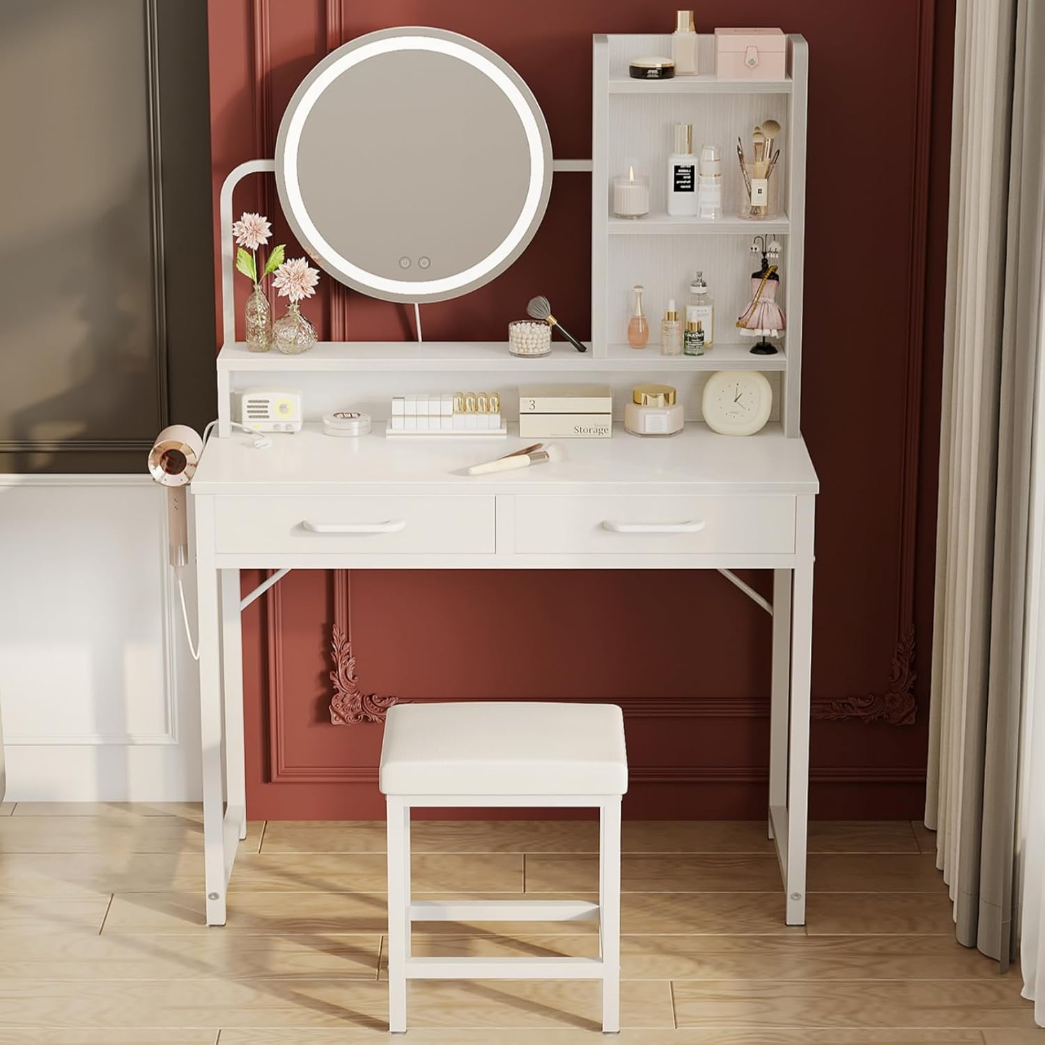 ODK ТУАЛЕТНЫЙ СТОЛИК БЕЛЫЙ С ТАБУРЕТОМ И РЕГУЛИРУЕМЫМ ЗЕРКАЛОМ LED 80x40 CM