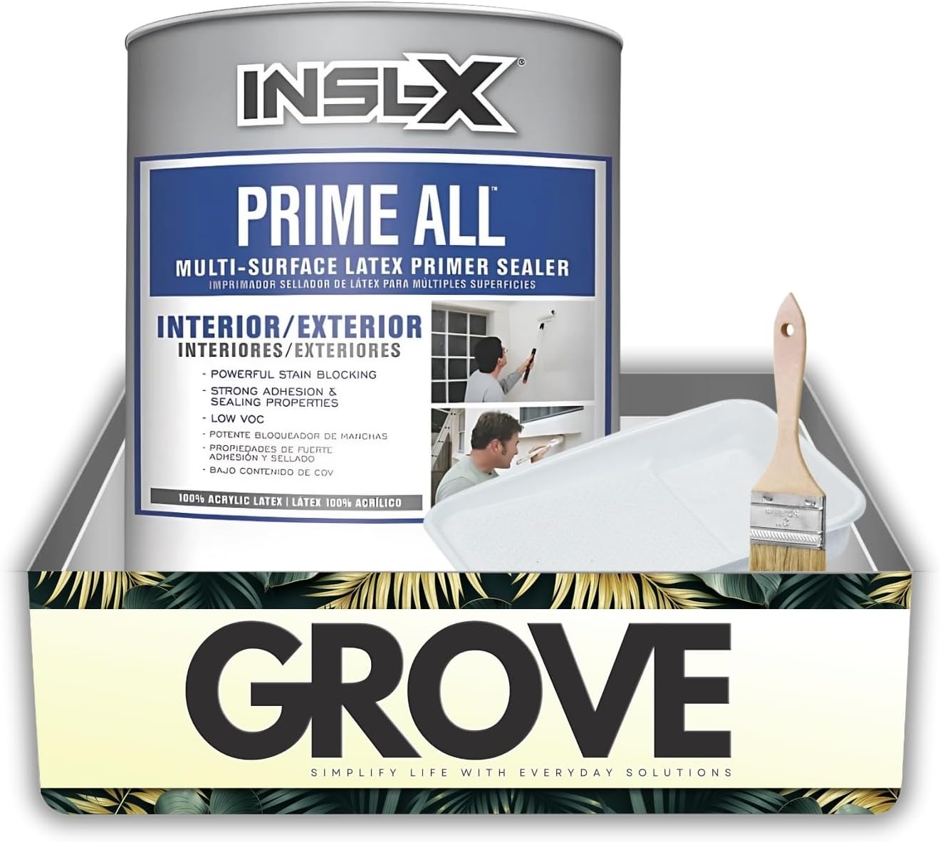 Insl-X Prime All White Flat Water-Based Acrylic Latex Primer 1 qt Bundle with Disposable Paint Tray Liner, Flat Chip Brush – For Wood, Quick Drying for All Surfaces – Gift Set (3 Items)
