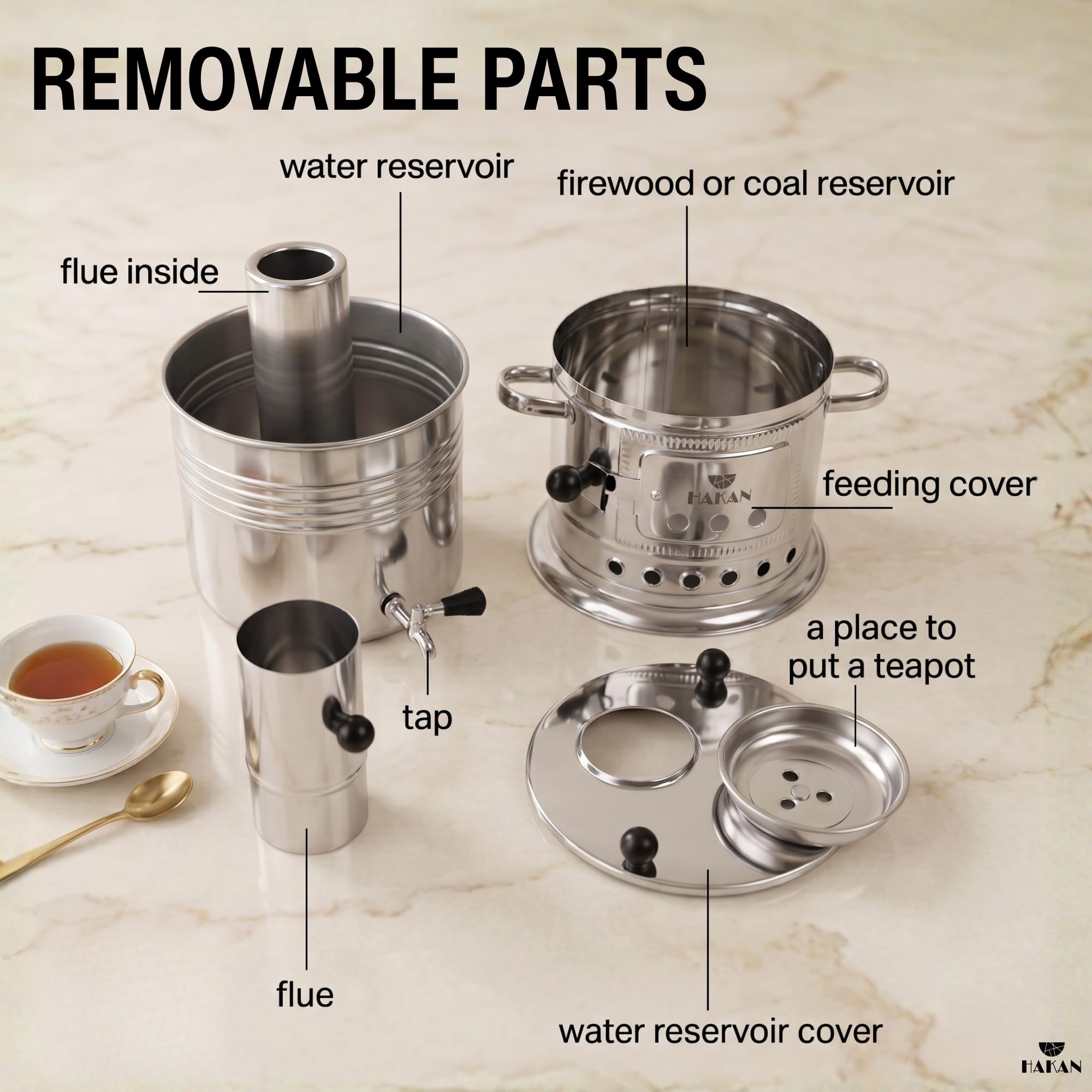 Samovar Bouilloire à thé turque portable camping pour bouilloire à eau et théière au charbon de samovar, pique-nique, chasse, activités de plein air avec poignées noires | 3,8 l