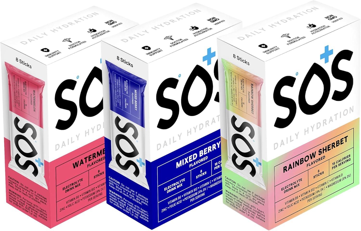 SOS Daily Electrolyte Stick Packets – Multi Pack | 24 Sticks | Rapid Hydration Powder with Electrolytes & Vitamins | Low Sugar, Keto Friendly | 8 Mixed Berry | 8 Watermelon | 8 Rainbow Sherbert