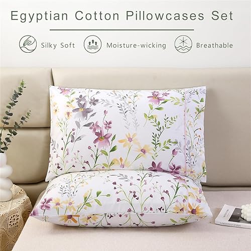 Miniatura 2 de URBONUR Juego de 2 fundas de almohada 100% algodón con estampado floral, suaves, transpirables, refrescantes, decorativas, tamaño King, 20 x 36