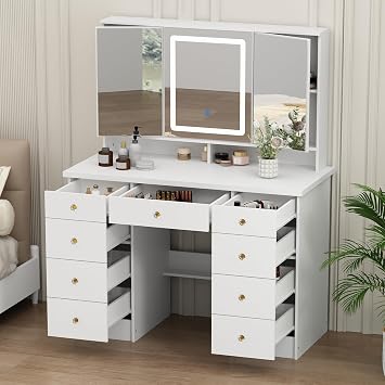 White Vanity Desk with Trifold Mirrors & LED Light, Large Makeup Vanity with 9 Drawers & Shelves, Modern Vanity Desk with Mirrored Doors in 3 Color Modes, Thickened Tabletop, White