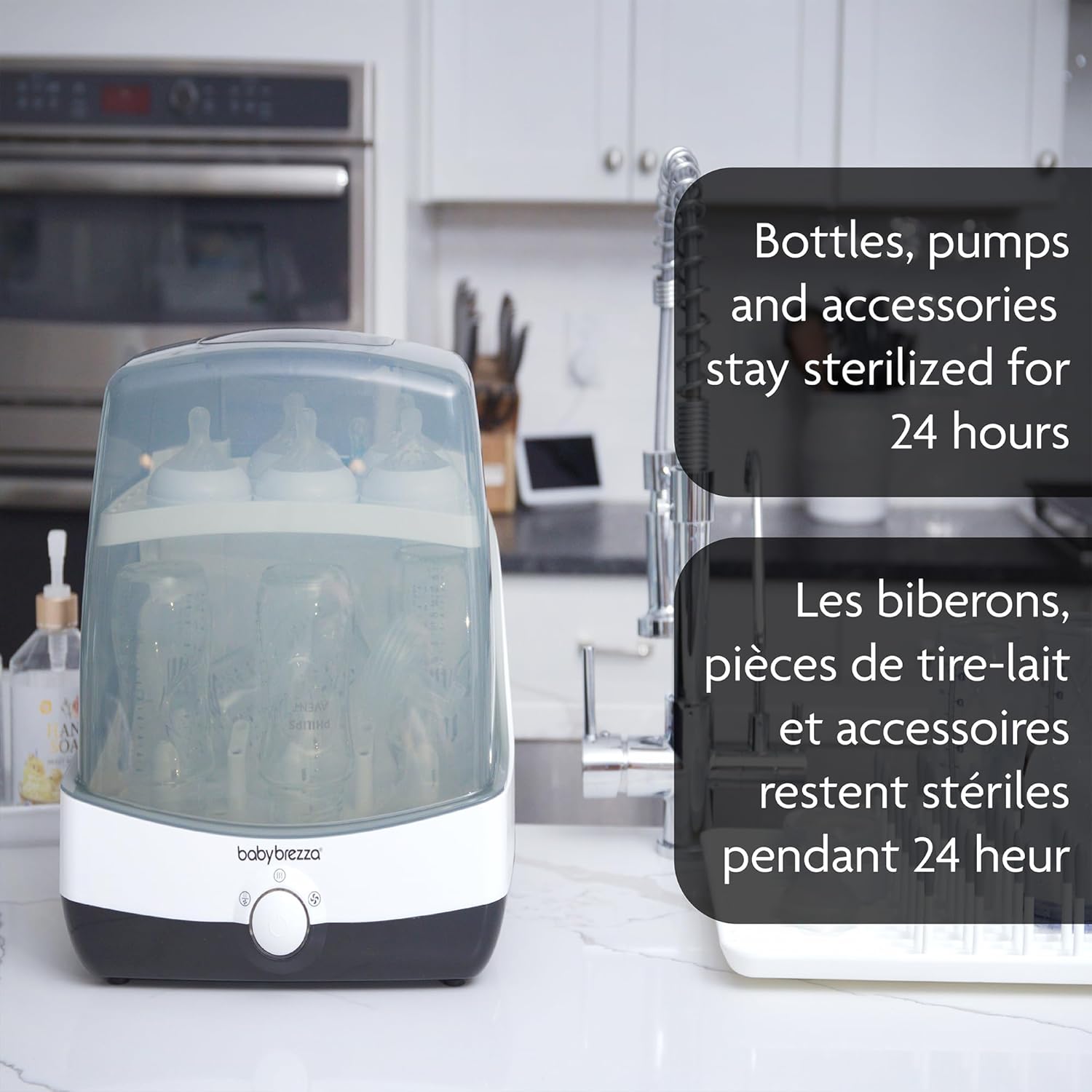 Baby Brezza Sterilizer Dryer on a kitchen counter with text 'Bottles, pumps and accessories stay sterilized for 24 hours'