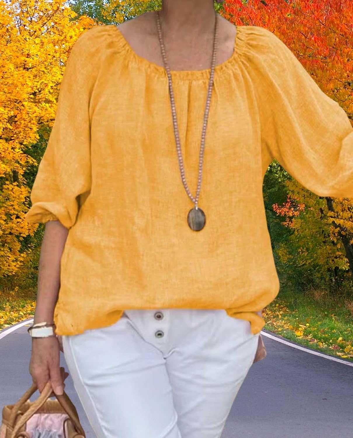 Summer Casual Womens Linen Shirt Round Neck Half Sleeve Linen Loose Pleated Tops Fashion Blouse T Shirt - Image 6