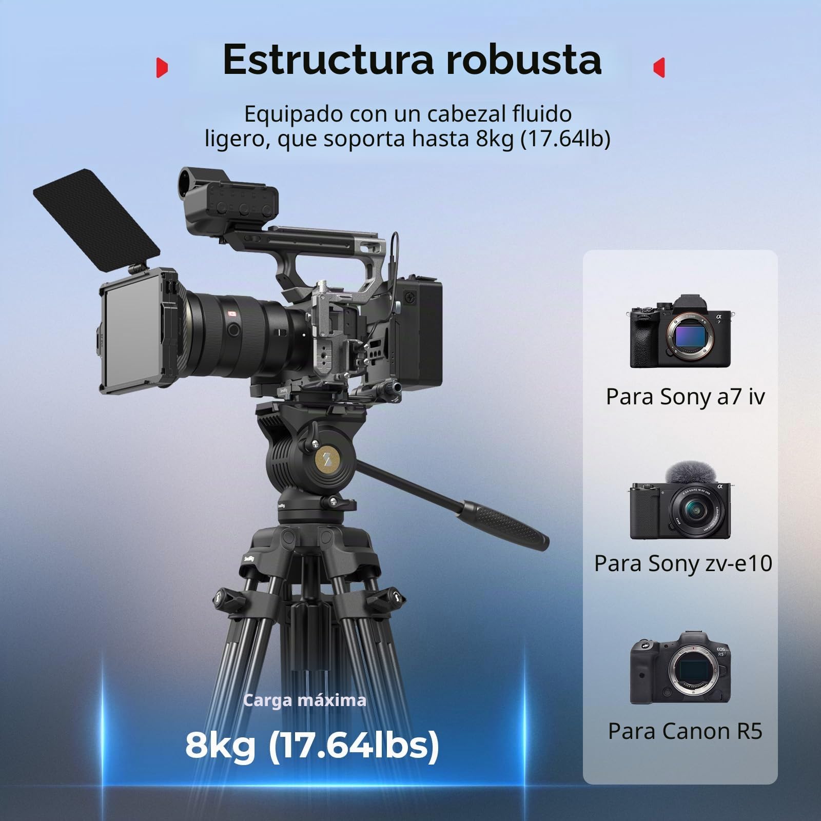 SMALLRIG Trípode Video Aluminio 186cm, Carga 8kg, Cabeza Fluida - 5440 | Trípode de viaje: Peso 3.1 kg, Altura plegado 88 cm, Altura regulable de 85 cm a 186 cm