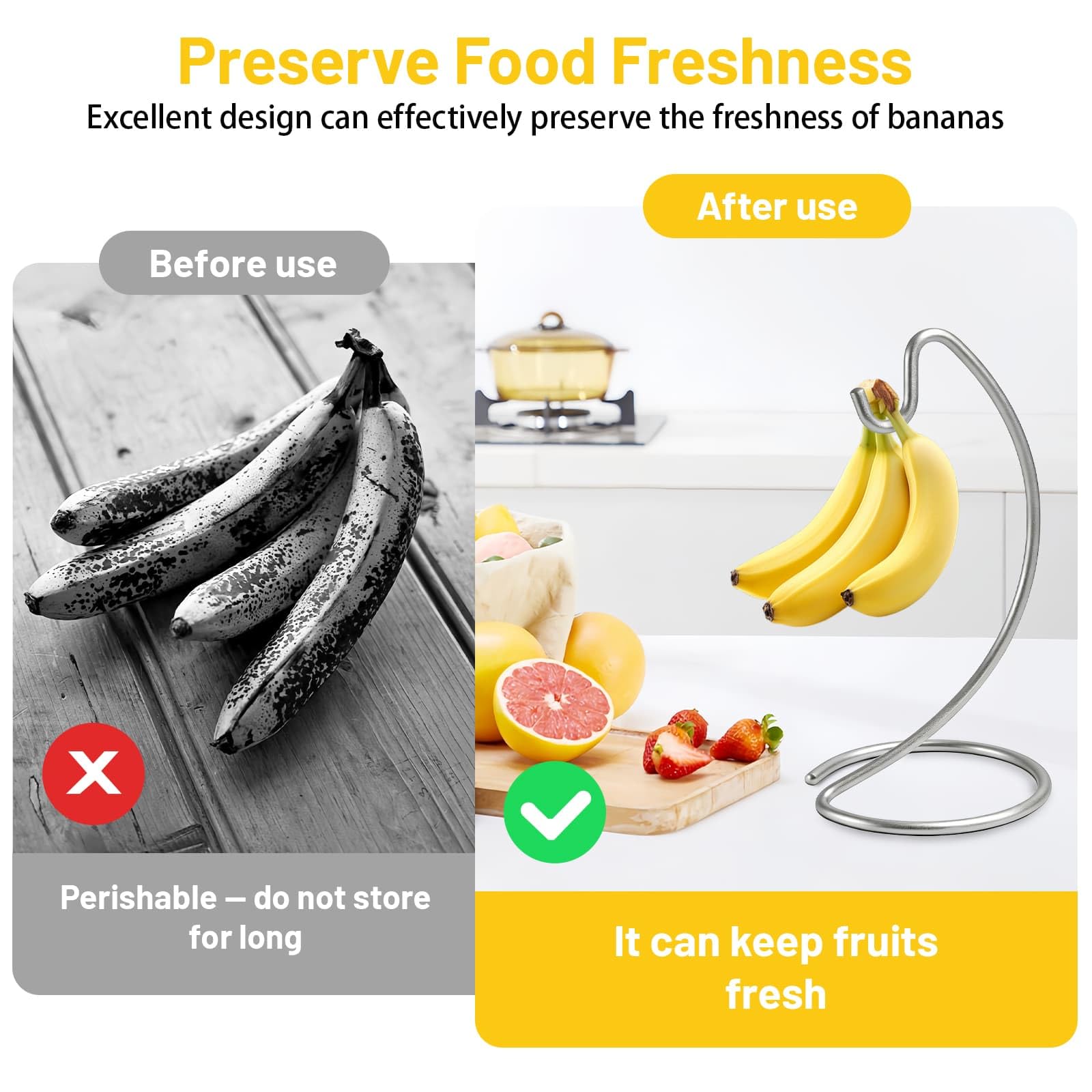 DYUEE Bananenhalter-Ständer – moderner Bananenaufhänger, Metall-Bananenaufhänger, Baumständer, Haken für Küche, Arbeitsplatte, um Bananen frisch zu halten, für 6,8 kg (Silber)