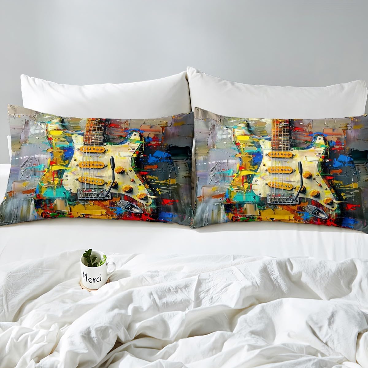 Erosebridal Electric Guitar Fitted Sheet Full Size Music Bed Sheets Colorful Mosaic Aesthetic Rock Musical Instrument Sheets Oil Painting Studio Bed Set