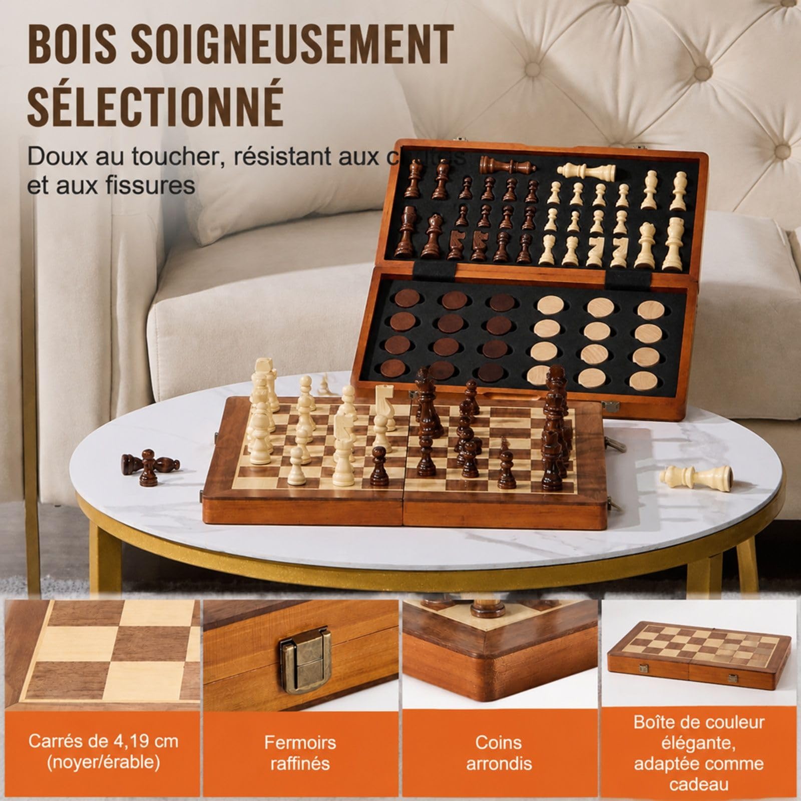 Jeu d'échecs magnétique en Bois, Ensemble 2 en 1 échecs et Dames, échiquier Pliable pour Voyage et soirée Jeux