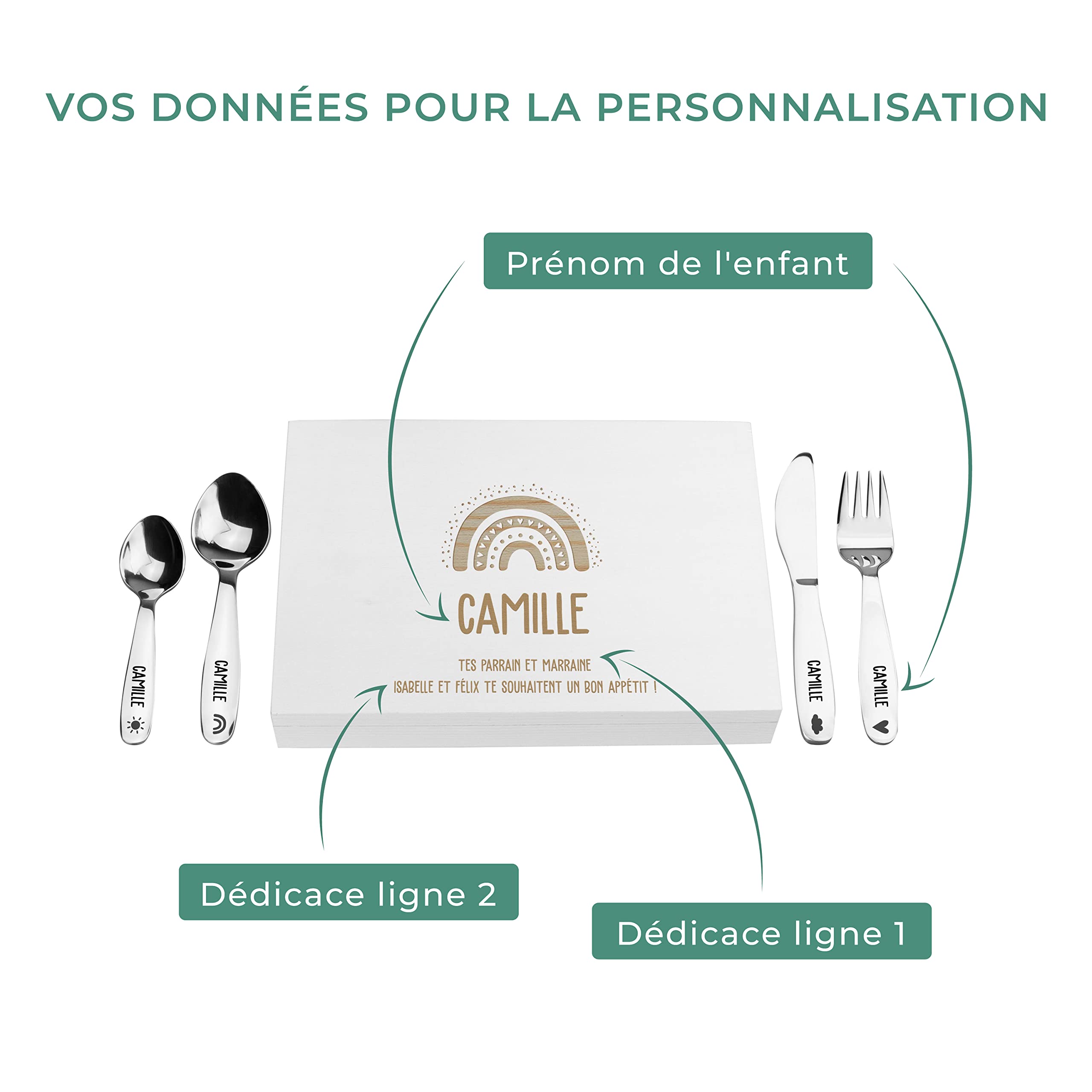 LAUBLUST Couvert Enfant personnalisé - Cadeau personnalisé - Arc-en-Ciel avec des cœurs - Blanc - 4 pièces - Couverts Enfant en INOX