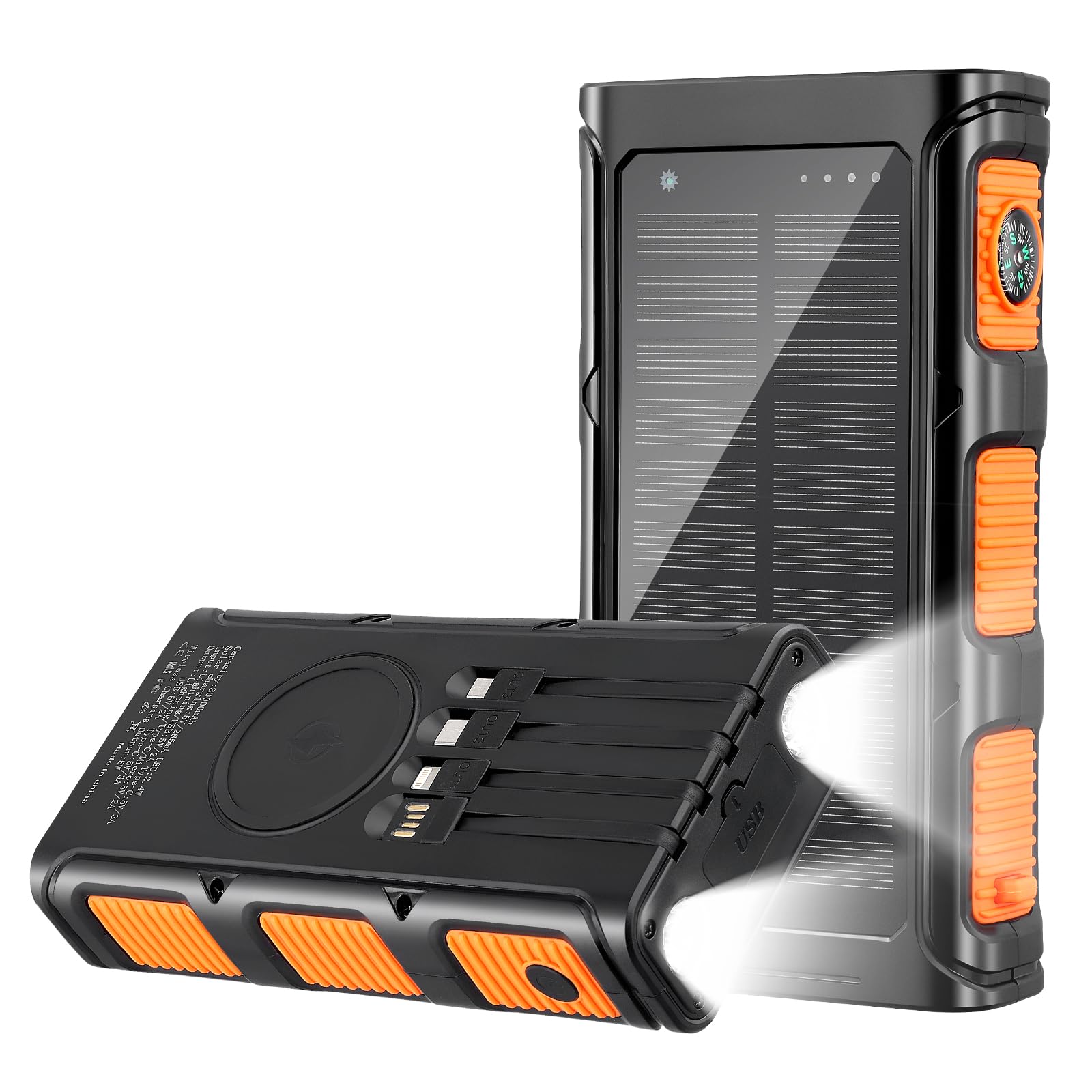 Power Bank Wireless Solar 26800 mAh con 4 cavi, generatori esterni, 3 A, ricarica rapida, 6 ingressi e 3 uscite, luce di emergenza a LED e bussola, pannello solare impermeabile anti-caduta per viaggi