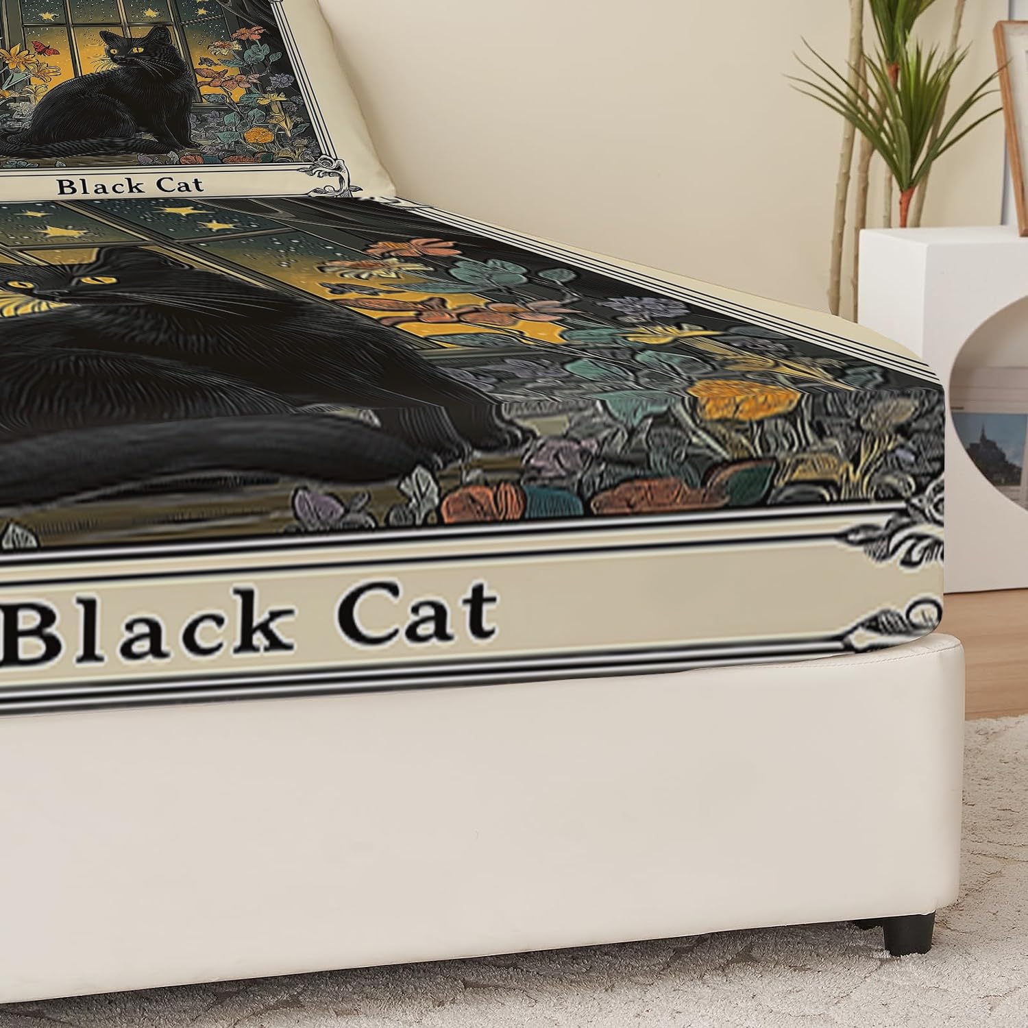 Drap-Housse 160 x 200 cm en Microfibre Douce, pour Enfants garçons à Motif de Chat Noir d'encre fenêtre, Drap-Housse Noir Convient aux Matelas ayant jusqu'à 30 cm d'épaisseur
