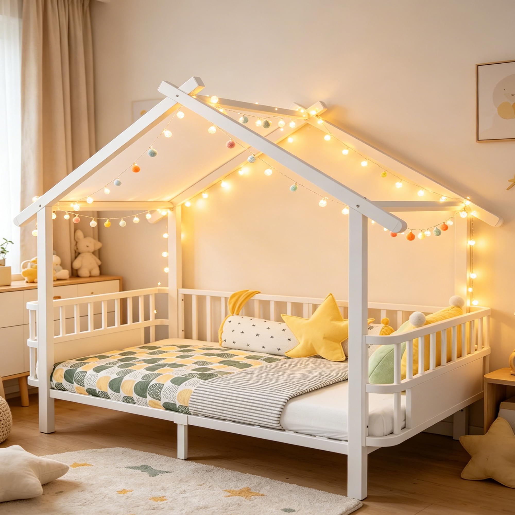 Merax Kinderbett aus Metall in Hausform 90x200 cm mit Sicherheitsgitter & Dachdesign – Weiß (Ohne Matratze)