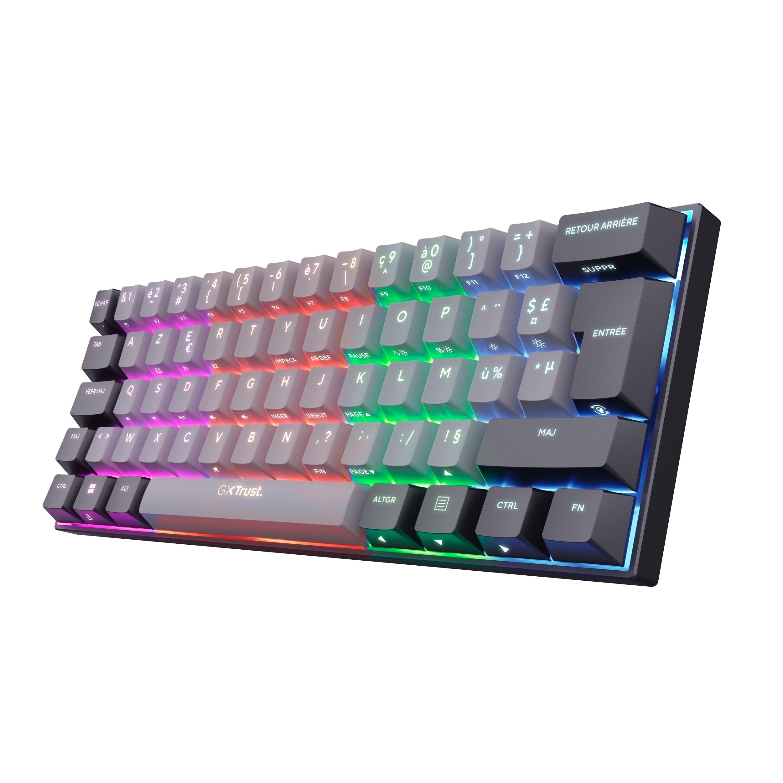 GXTrust Revyn 60% Clavier Mécanique sans Fil AZERTY Français, Noir/Gris | Triple Mode 2.4GHz/BT/Filaire, Éclairage RGB, Batterie 50 Heures, Compact Mini Clavier Gamer 60 Pourcent Programmable PC