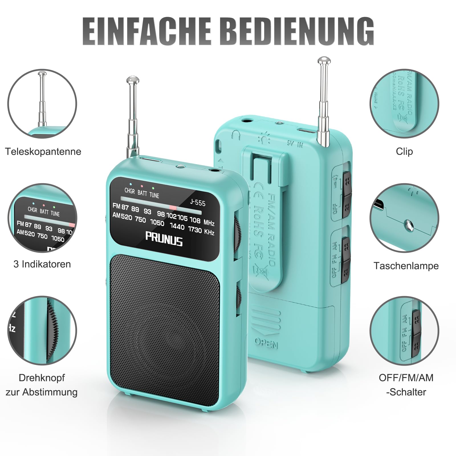PRUNUS J-555 AM/FM/UKW Radio Klein, Kleines Radio mit Akku, USB-C-Laden, Miniradio Batteriebetrieben per AAA-Batterien mit Rückclip & Lanyard zum Joggen, Camping, Stromausfall. (Blau)