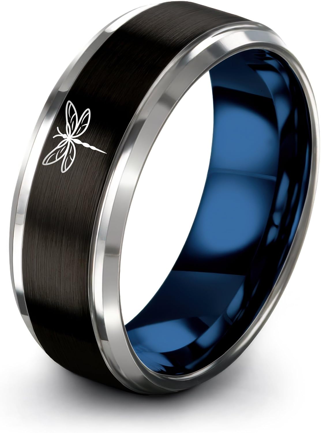 Gift for Nature Fan - Dragonfly Wing Ring - Tungsten - 8mm - Brushed Polished - Anniversary Wedding - Men Women - Band - Personalized Custom Engraving - Yellow Gold Black Silver Blue - Flat Dome Bevel