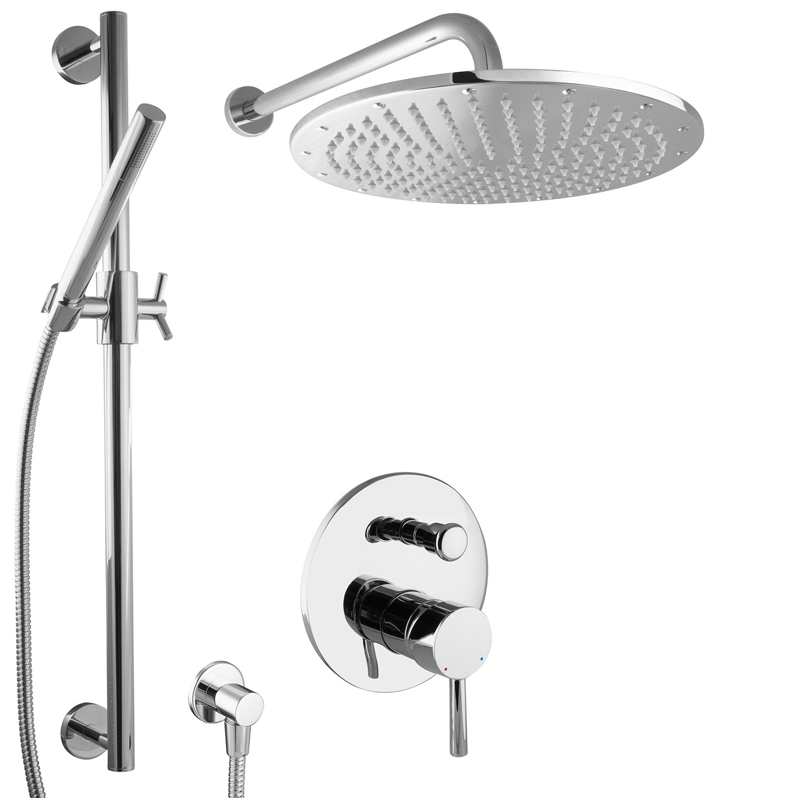 Sistema de Ducha Empotrado Completo con Barra de Ducha, Latón Cromado, Cabezal Redondo 30 cm, Montaje en Pared