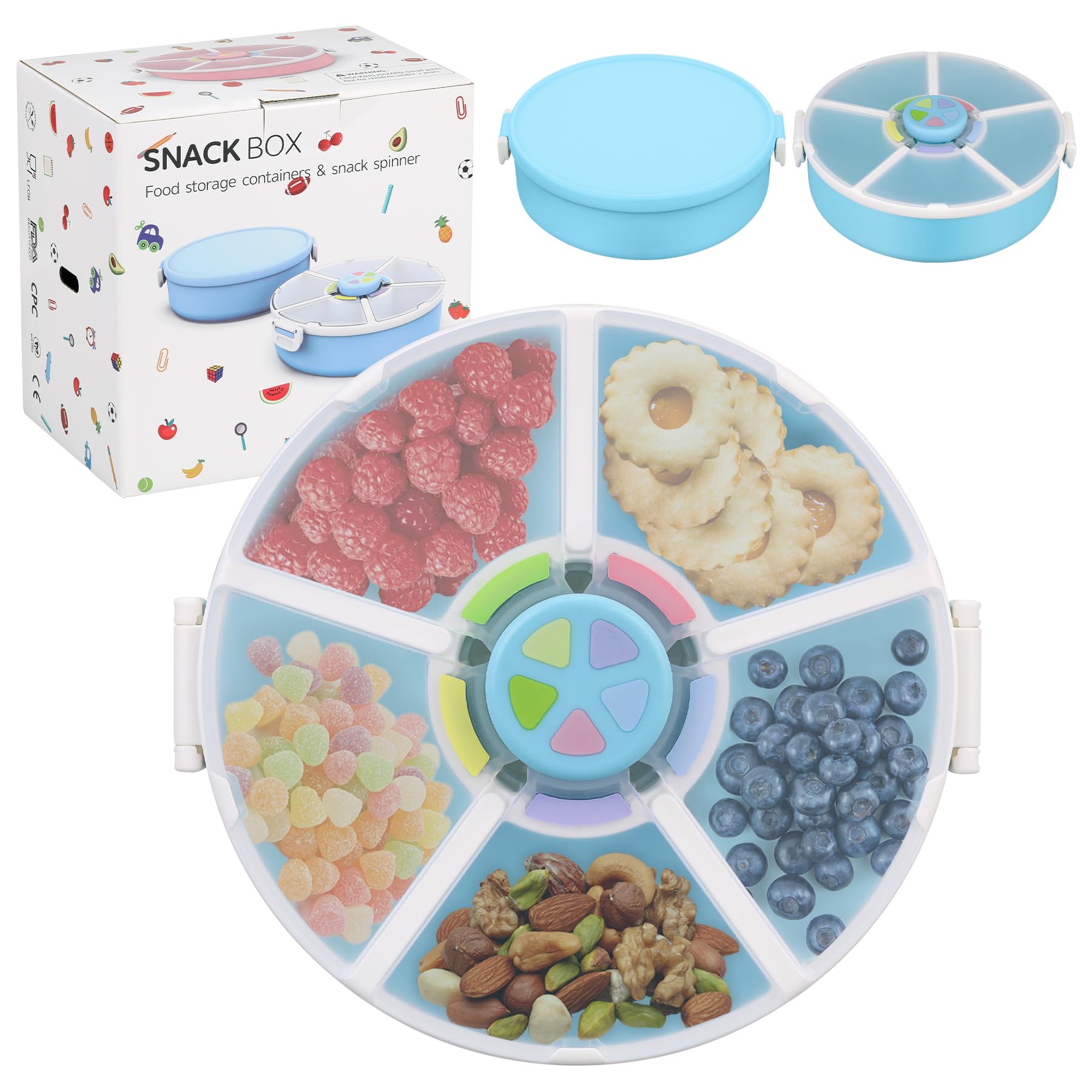 Pawtong Snack Rotator Container Reusable Snack Box with 5 Compartment Dispenser and Lid, Color Matching Opening Lid, BPA and PVC Free, for Home,