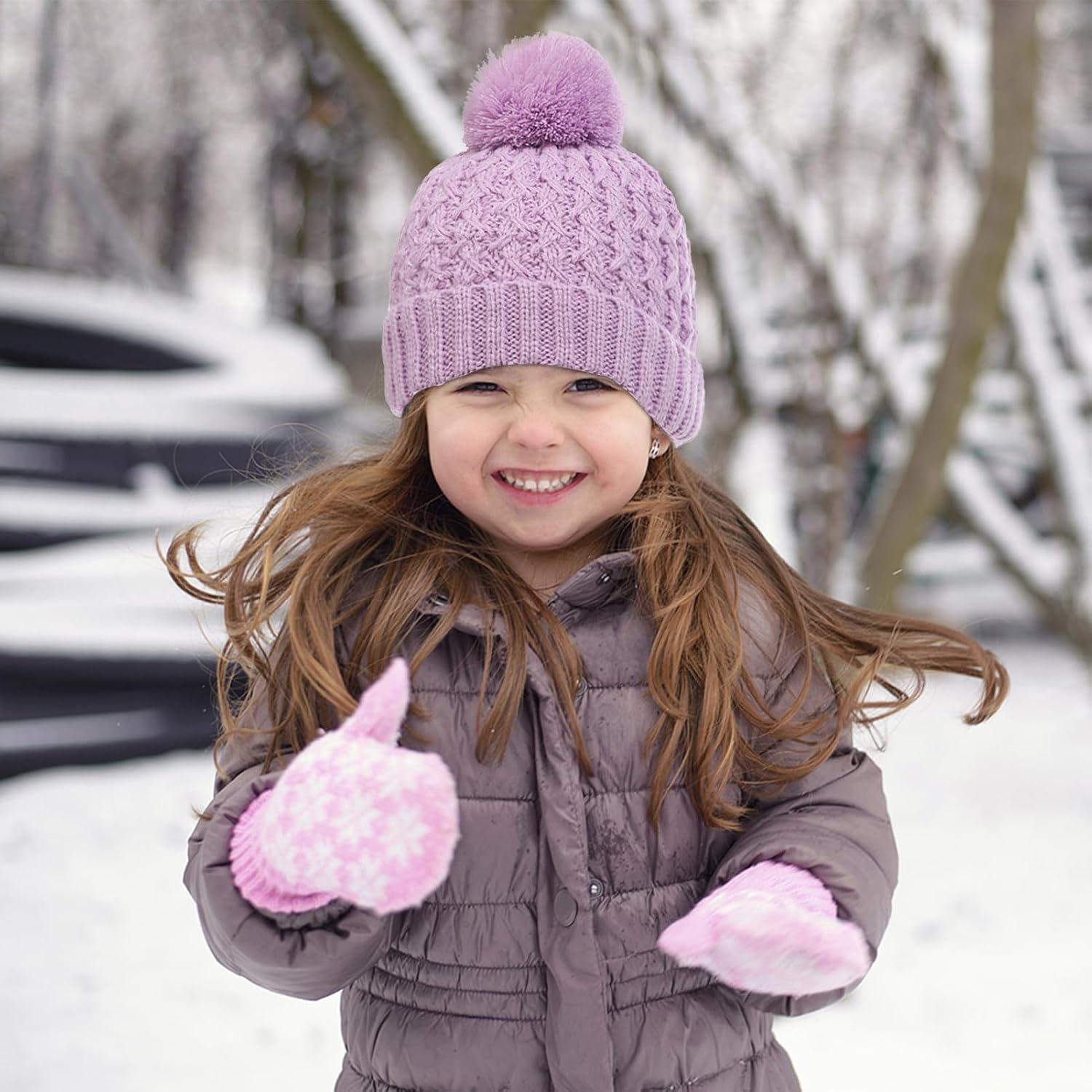 Kids Winter Hat and Gloves Set, Girl Warm Knit Beanie with Pom Fleece Lined for Toddler Boys Girls 1-6 Years - Image 2