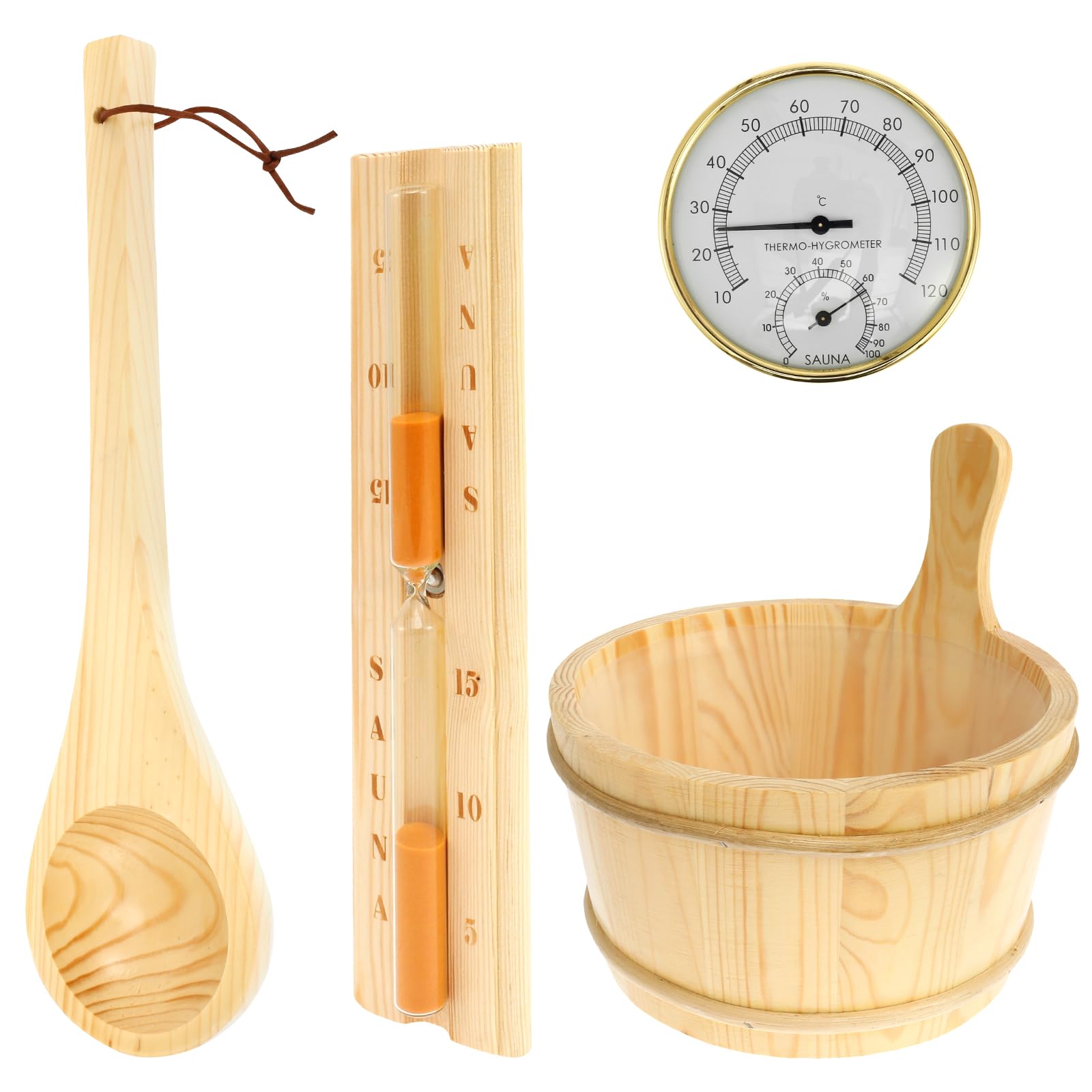 4Pcs Sauna Accessories Set Wood Sauna Bucket Sauna Spoon with Long Handle Design 2 in 1 Sauna Thermometer and Hygrometer Hourglass Timer Easy to Use Sauna Kit Suitable for Home(Sauna 4 -piece set)