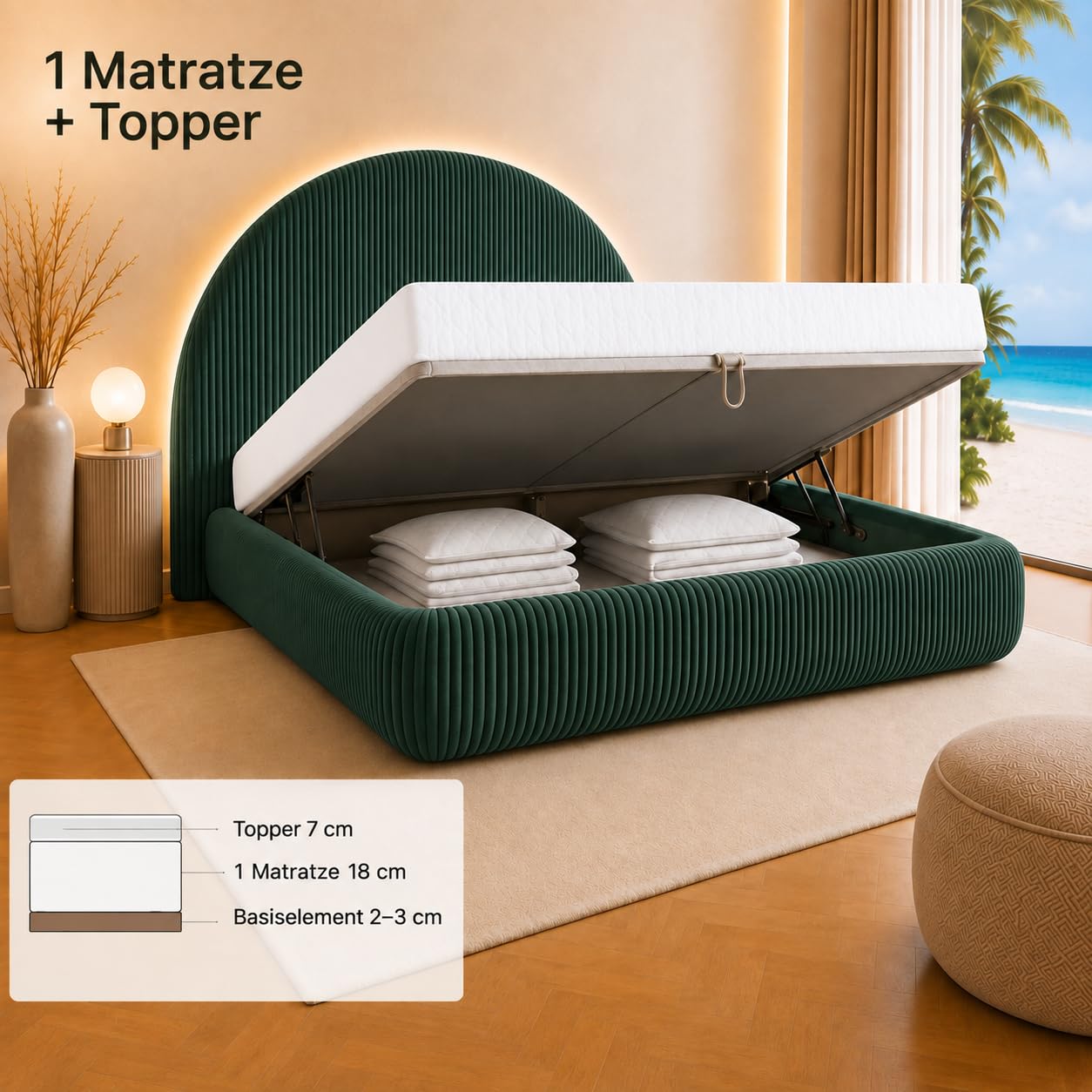POSO 014 Lit à sommier tapissier, 180 x 200 cm, avec matelas Bonell, sans surmatelas
