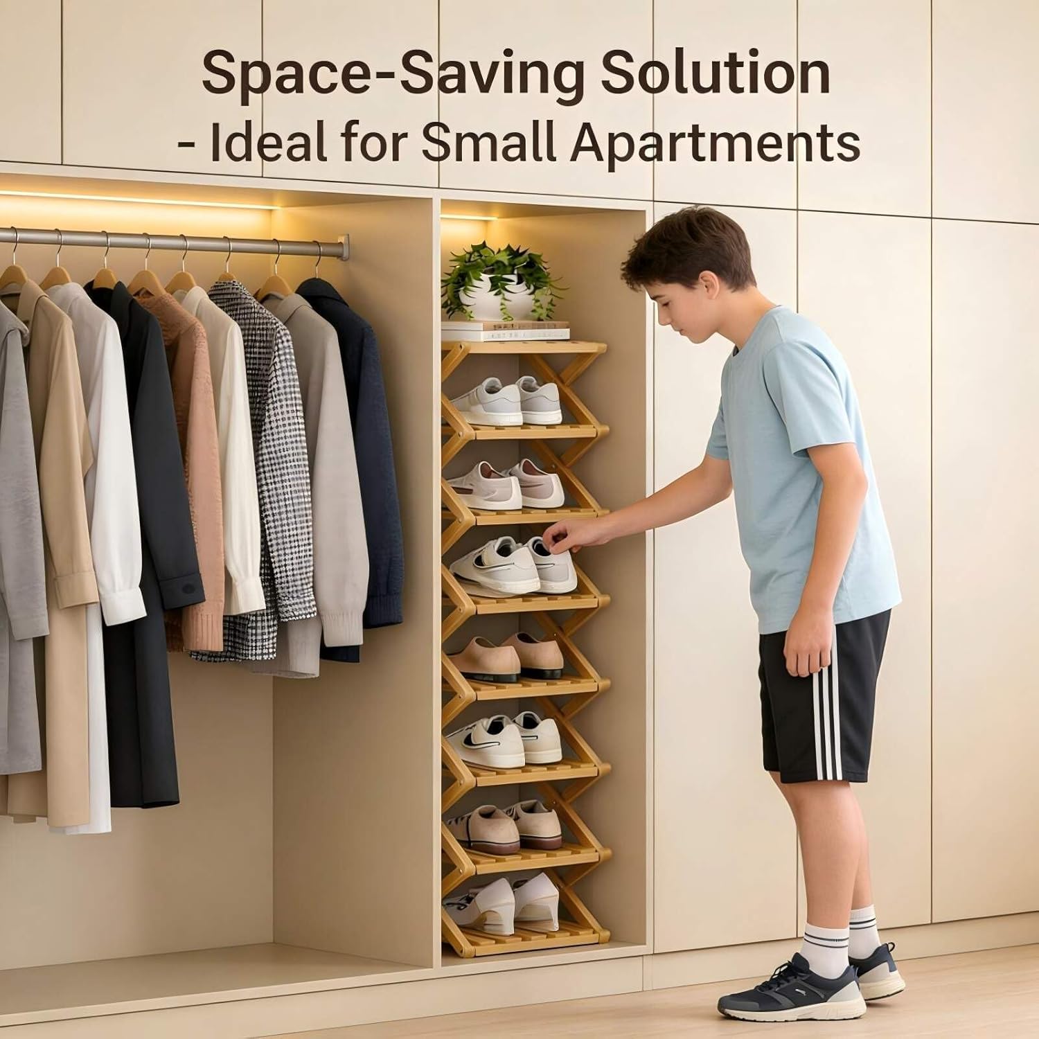 The 9-Tier Foldable Bamboo Shoe Rack,Slim Narrow Corner Shelf & Portable Organizer,Tool-Free Setup for Entryway,Closet,Bedroom,Under-Bed Shoe Storage,Bamboo Furniture Ideal for Small Spaces