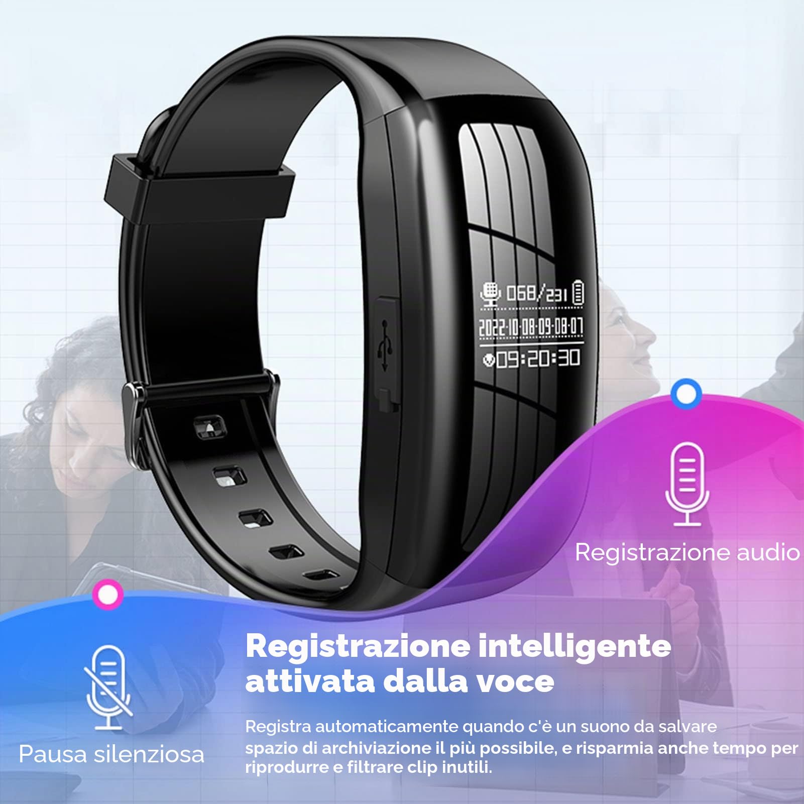 Orologio con Registratore Vocale Digitale, Braccialetto Registratore Ad Attivazione Vocale con Riduzione del Rumore HD, Dispositivo di Registrazione con un Clic per Riunioni (4G)