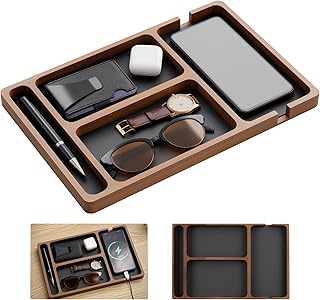 卓上収納 4グリッド PU 木製 収納ボックス 小物入れ デスクオーガナイザー 机上整理 文房具収納 仕切り付き 卓上トレー リモコン アクセサリー インテリア 鍵置き 玄関収納 おしゃれ 自宅 オフィス用多用途 ブラウン