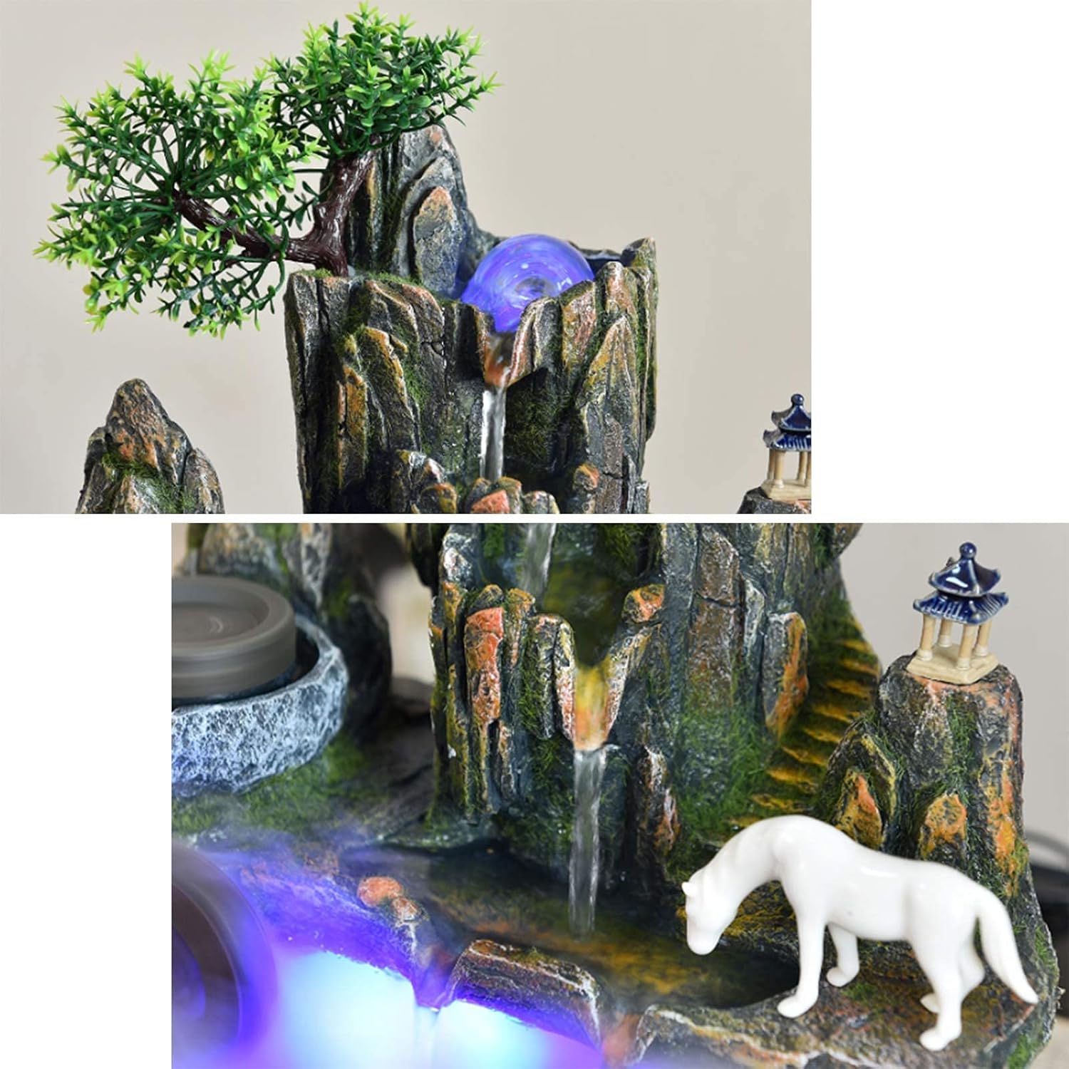 Ornamental Tabletop Water Fountain,Indoor Relaxation Fountain Waterfall,Meditation Lighted Water Feature Water Fountain with LED Crystal Ball