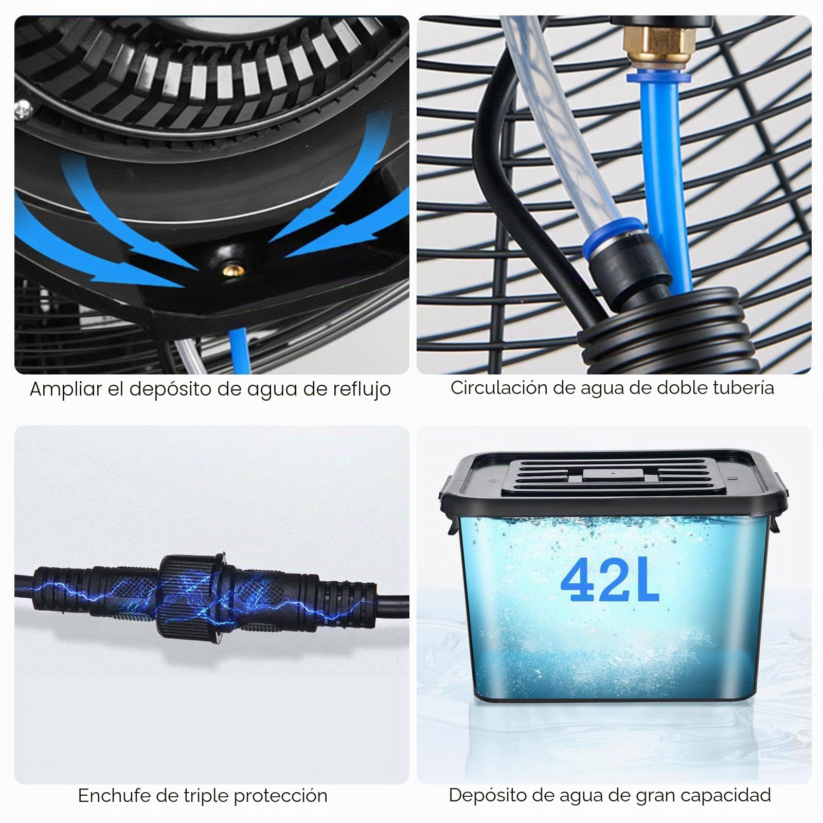 Ventilador de nebulización industrial con tanque de 42L, ventilador de pie oscilante 90°, alta velocidad para terrazas, almacenes y comercios
