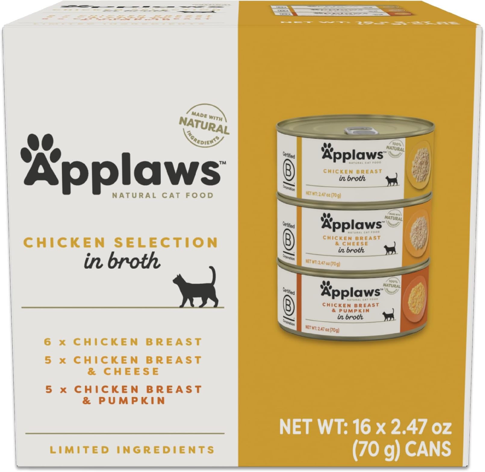 Applaws Canned Grain Free Cat Food, 16 Cans Canned Cat Food, 60ml, Premium Nutrition, 100% Natural, No Additives and Limited Ingredients (Chicken