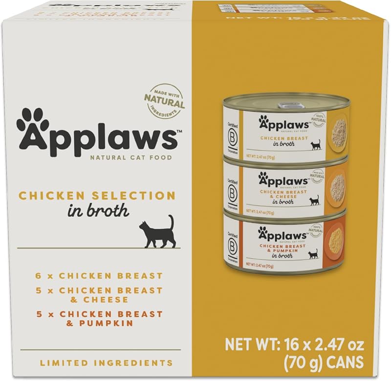 Ração úmida complementar para gatos Applaws de frango em caldo, 3 sabores, 16 latas de 70 g