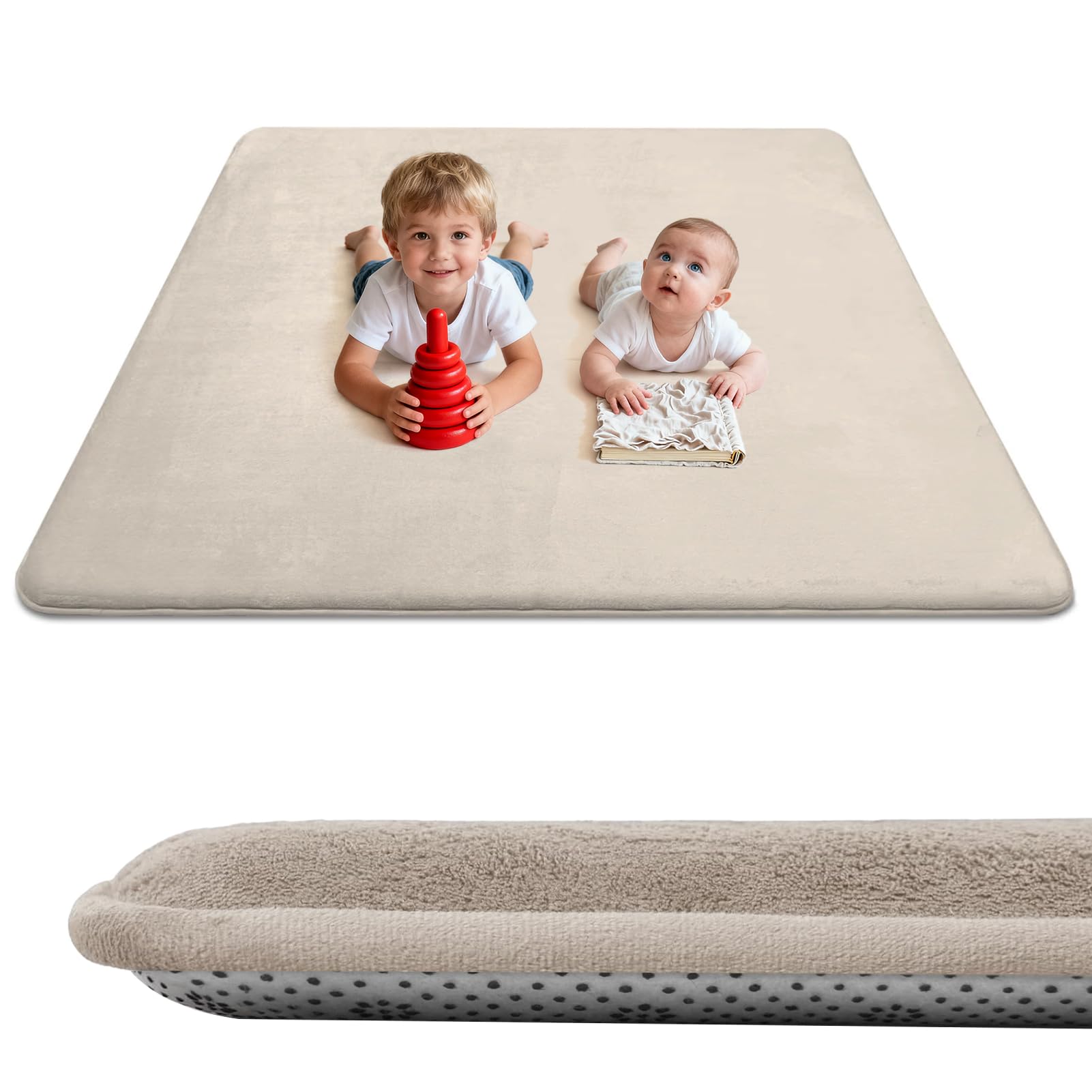 Wdmiya 127x127cm Krabbelmatte Baby, 3cm Dicke Spielmatte, Weicher Teppich Kinderzimmer mit Rutschfester Unterseite, kann als Kinderteppich, Spielteppich, Couchtischmatte, Yogamatte, Beige