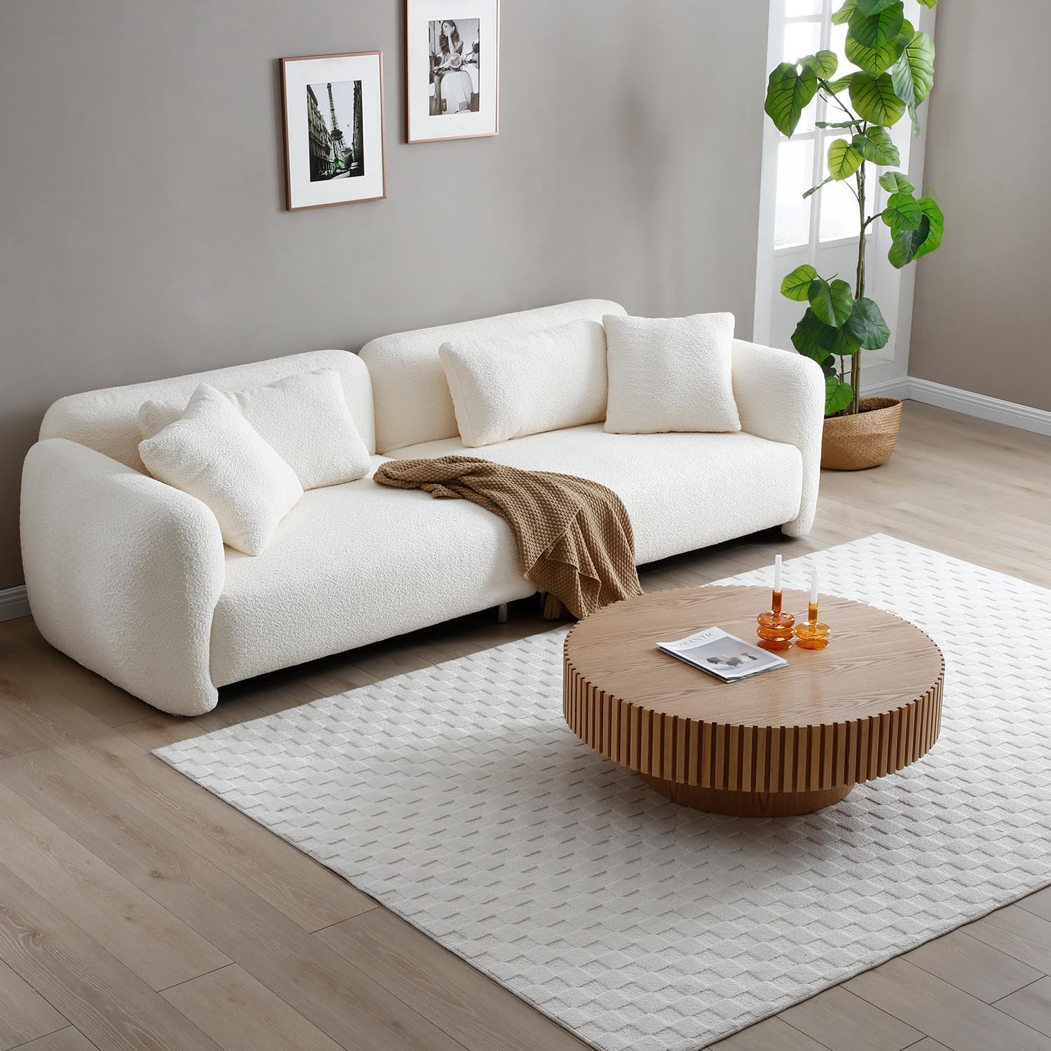 Round Coffee Table for Living Room Contemporary Wood Circle Fluted Coffee Table for Apartment, Easy Assembly ø31.49'', Wood Oak