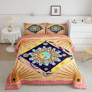 Manfei Starry Sky Galaxy Trippy Comforter Set Twin,Sun Moon Bedding Set 2pcs for Kids Teens Adults Room Decor,Geometric Boho Exotic Comfy Quilt Set,Colorful Vintage Duvet Insert with 1 Pillowcase