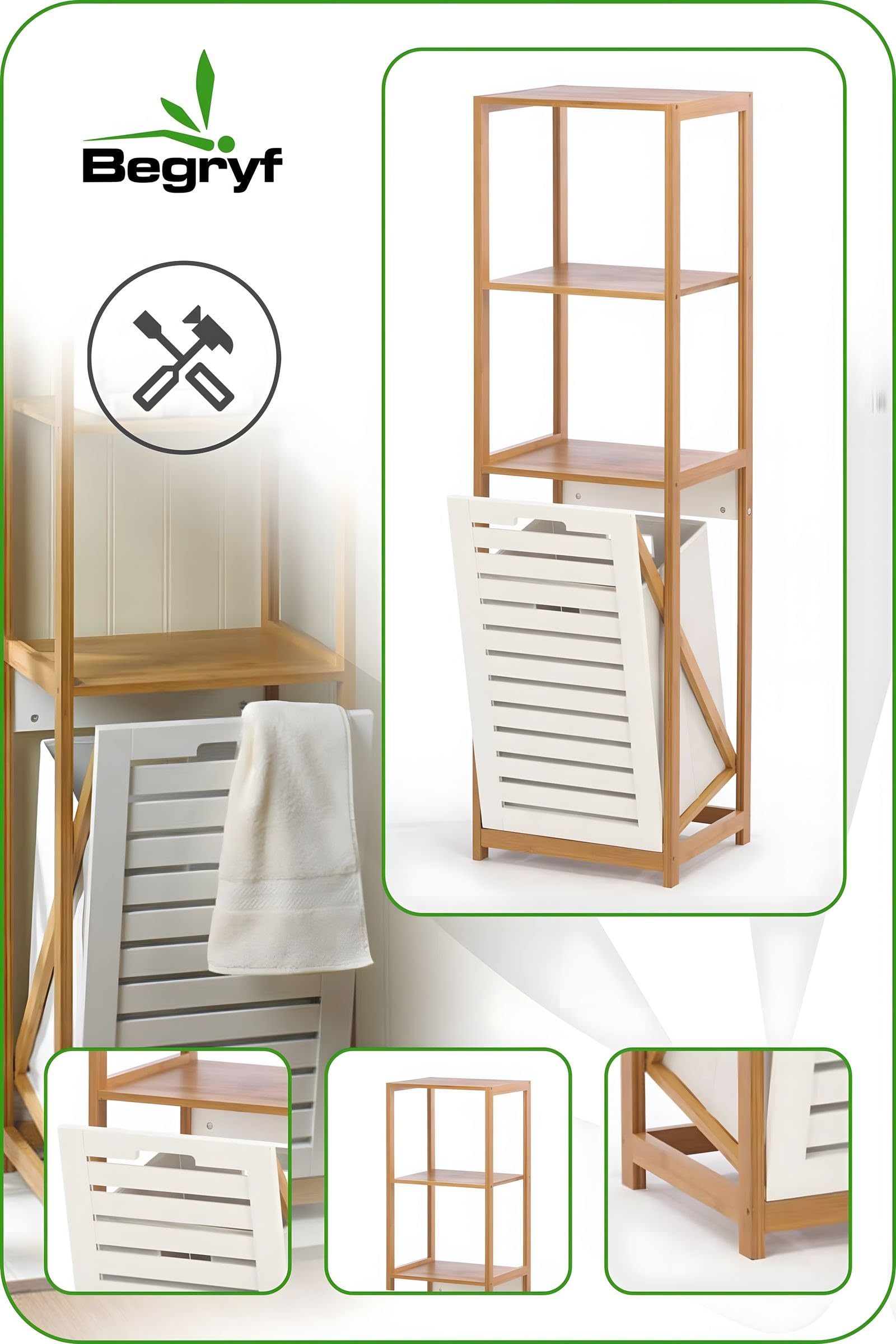 Bambus Wäschesammler mit Regal – 3‑Stufiges Badezimmerregal mit Wäschekorb – Naturholz und Stoff, Badregal mit Wäschekorb Bambus, Wäschetruhe, Wäschebehälter, Schrank für Bad & Haushalt