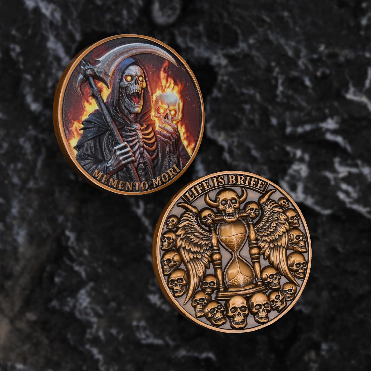 Memento Mori Challenge Coin – Grim Reaper & Hourglass Design with ‘Life is Brief!’ – A Striking Reminder of Life’s Fragility
