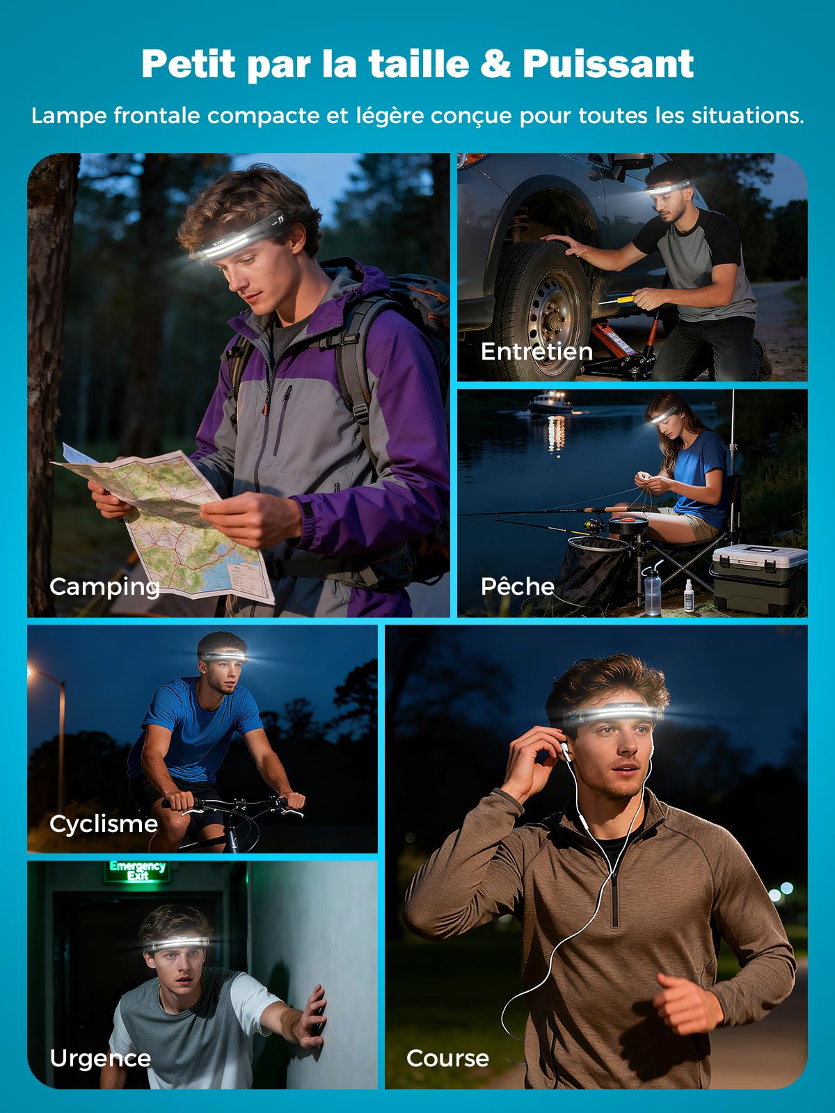 Smiling Shark Lampe Frontale, Lampes Frontales LED Rechargeable Ultra Puissante avec 2 Faisceau Large & Spot Réglable Détecteur de Mouvement 2400 mAh 5 Modes pour Randonnée Pêche Camping Cyclisme