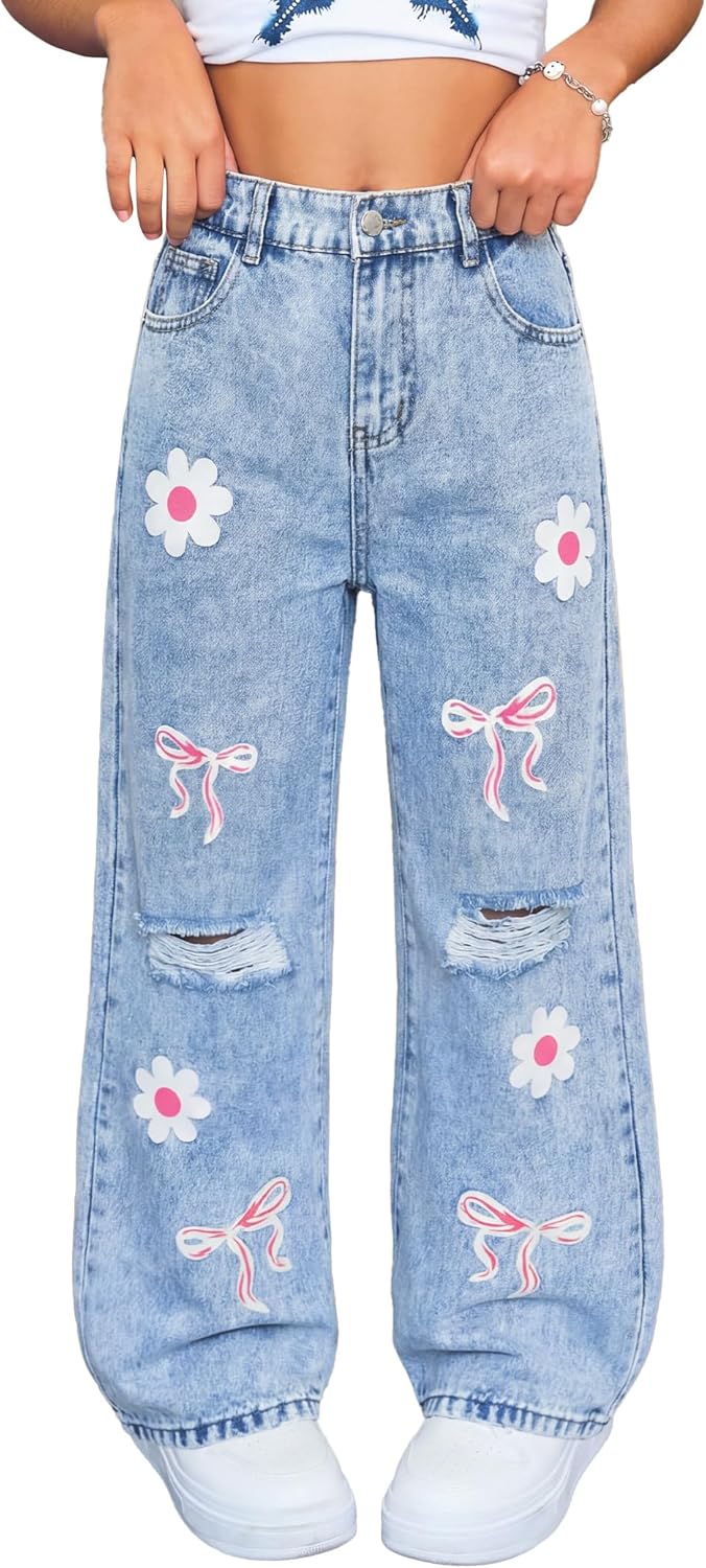 Baggy Jeans for Girls Cute Wide Leg Ripped Distressed High Elastic Waisted Denim Pants Y2k Streetwear 7-14Y