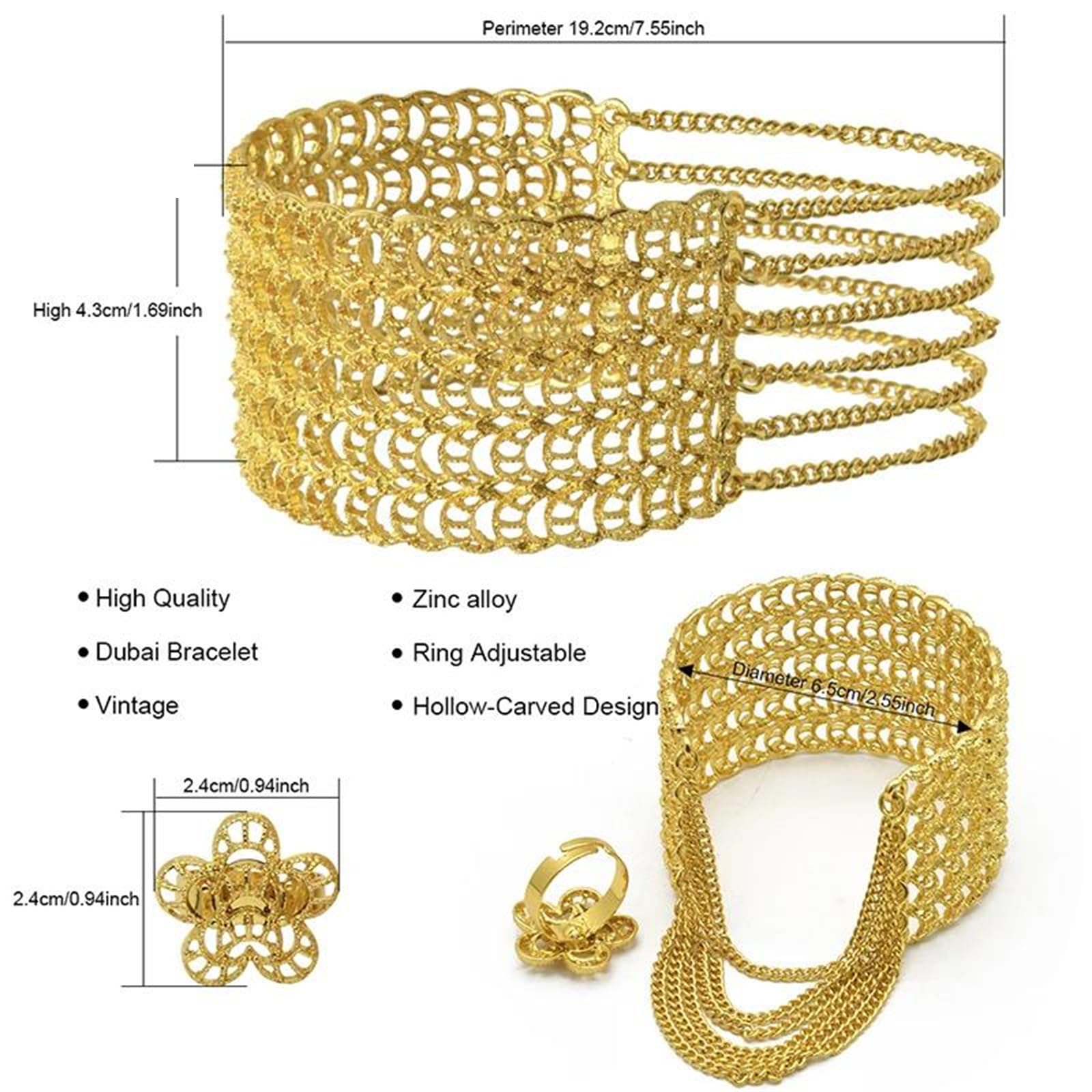 MOCHAMIK Quasten-Manschettenarmband mit befestigtem Ring für Damen in 24-Karat-Goldfarbe. EIN luxuriöser Designer-Armreif für EIN Statement-Schmuck-Ensemble